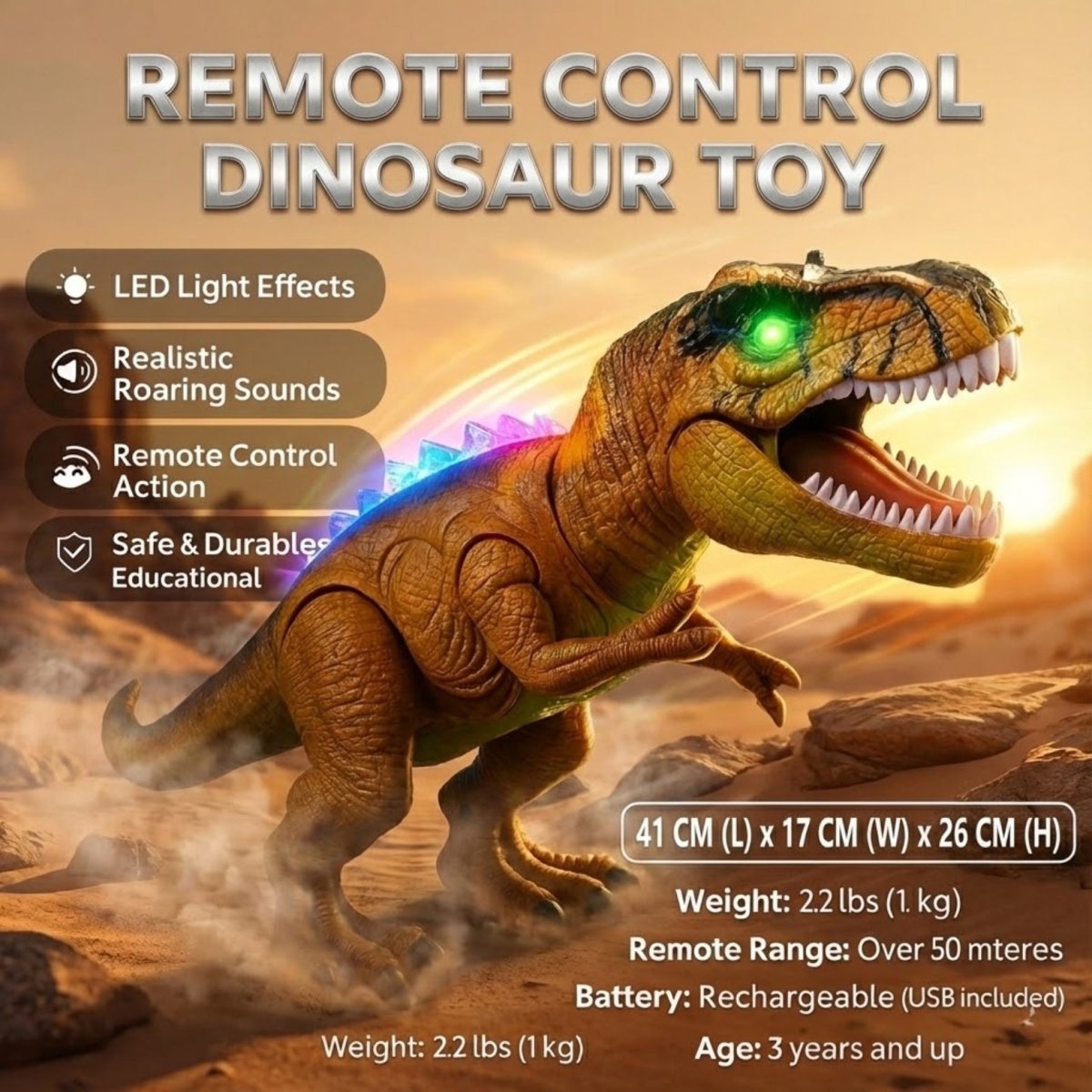 An infographic detailing the features of the remote control dinosaur toy, including LED light effects, realistic roaring sounds, remote control action, safety, dimensions (41cm L), weight, and age range.