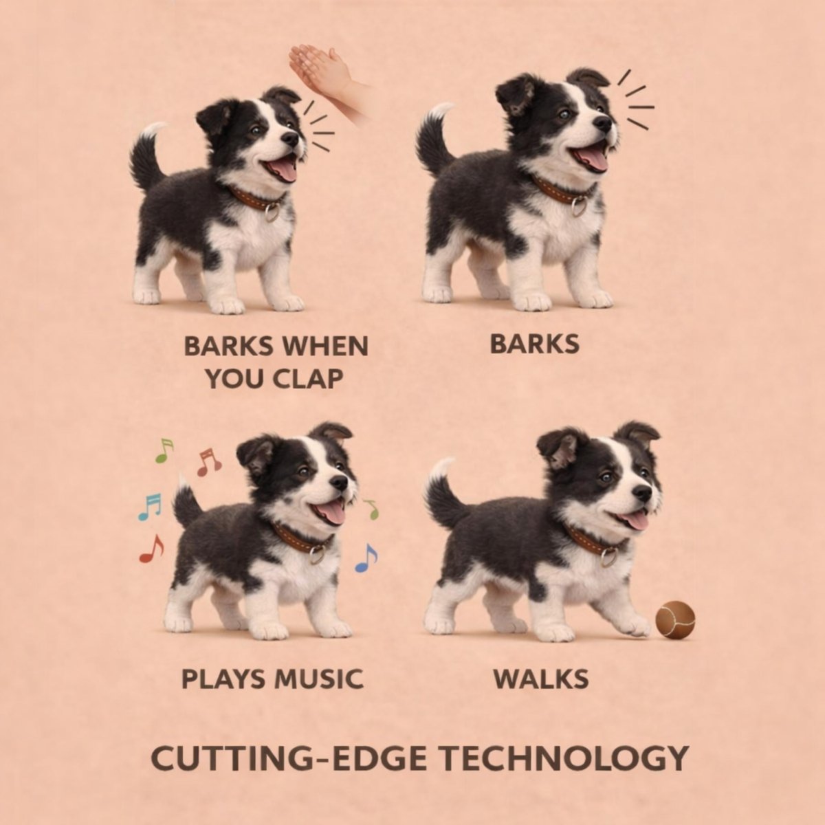 Illustration showing the four functions of the interactive robot dog: barks when claps, barks, plays music, and walks, labeled as cutting-edge technology.