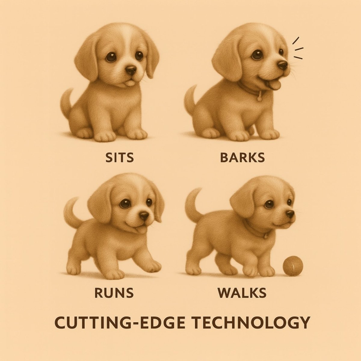 Infographic displaying the four main actions of the robot dog toy: sitting, barking, running, and walking.