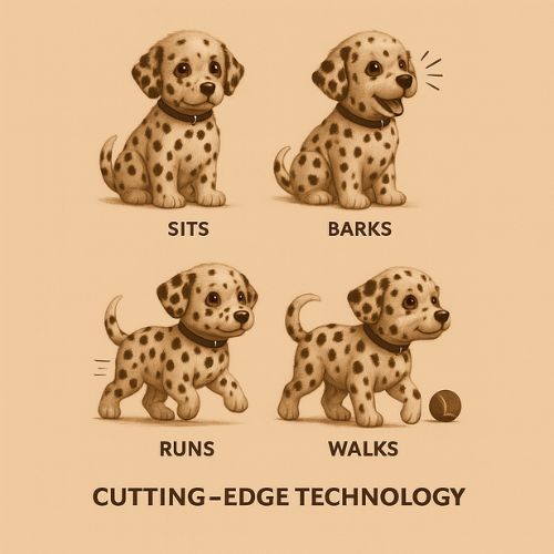 Illustration diagram detailing the four main movements of the cutting-edge robot puppy technology: sitting, barking, running, and walking to mimic a real dog.