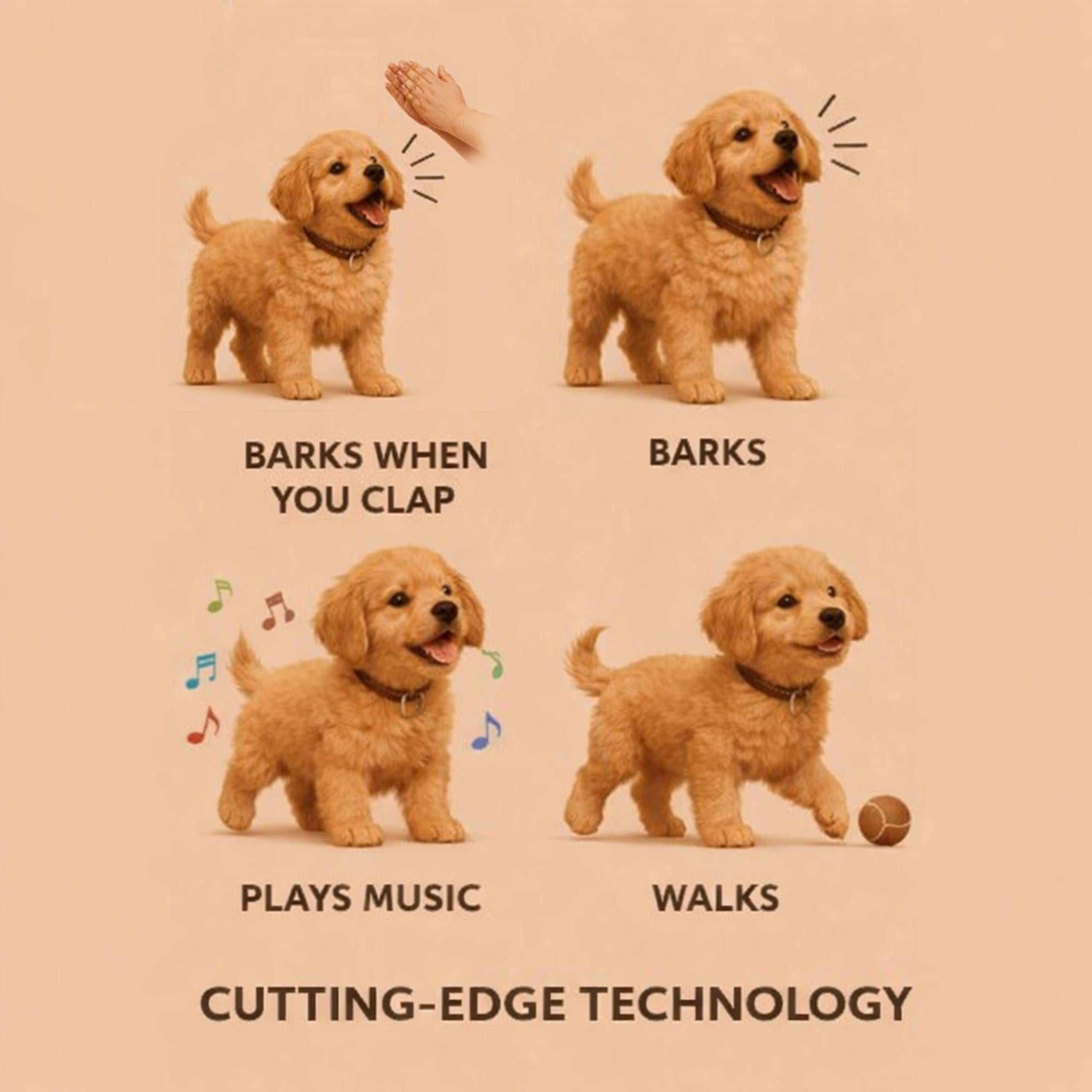 Infographic showing the cutting-edge technology of the robot puppy, illustrating it can walk, bark, bark when you clap, and play music.
