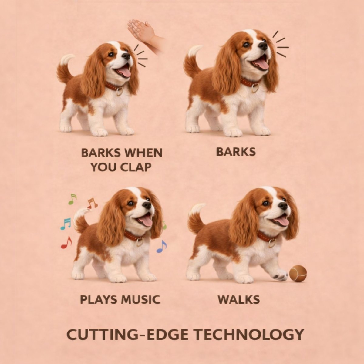 An infographic showing the four main movements of the robot Cavalier puppy: barks when you clap, barking, pla, and walking, highlighting its cutting-edge technology.