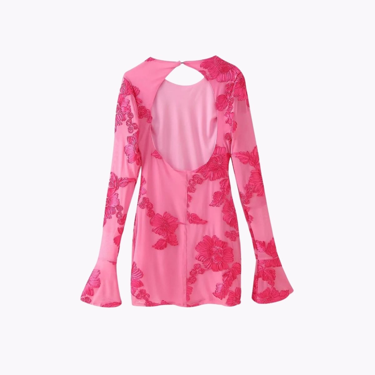Flat lay back view showing the open back and button closure of the rose red floral dress by Kouvr.