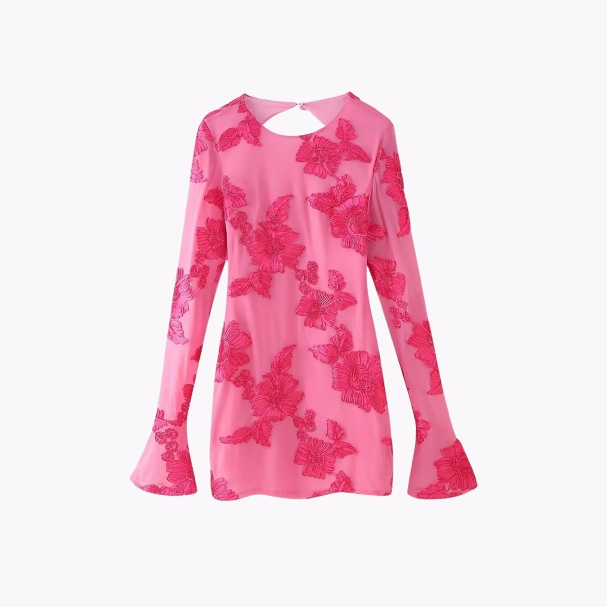 Flat lay front view of the rose red 3D floral applique mini dress with flared sleeves by Kouvr.