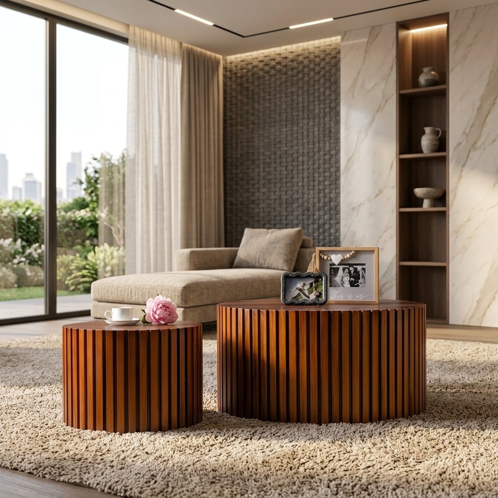 Large round fluted walnut coffee table set styled in a bright, modern living room with natural lighting and neutral sofa.