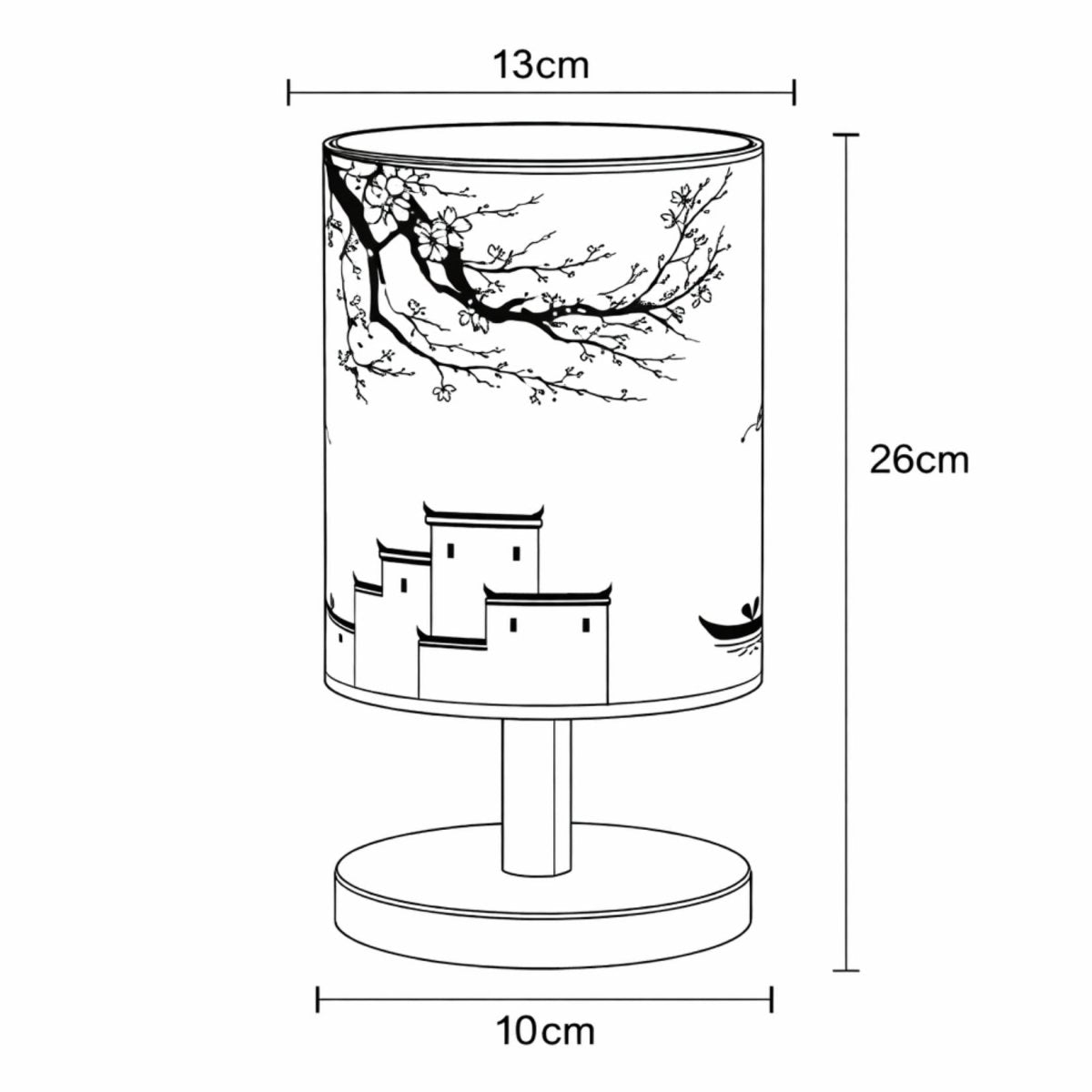 Dimensions guide for the Kouvr Sakura Sanctuary lamp, showing a compact 26cm total height and 13cm shade width, perfectly sized for modern nightstands.