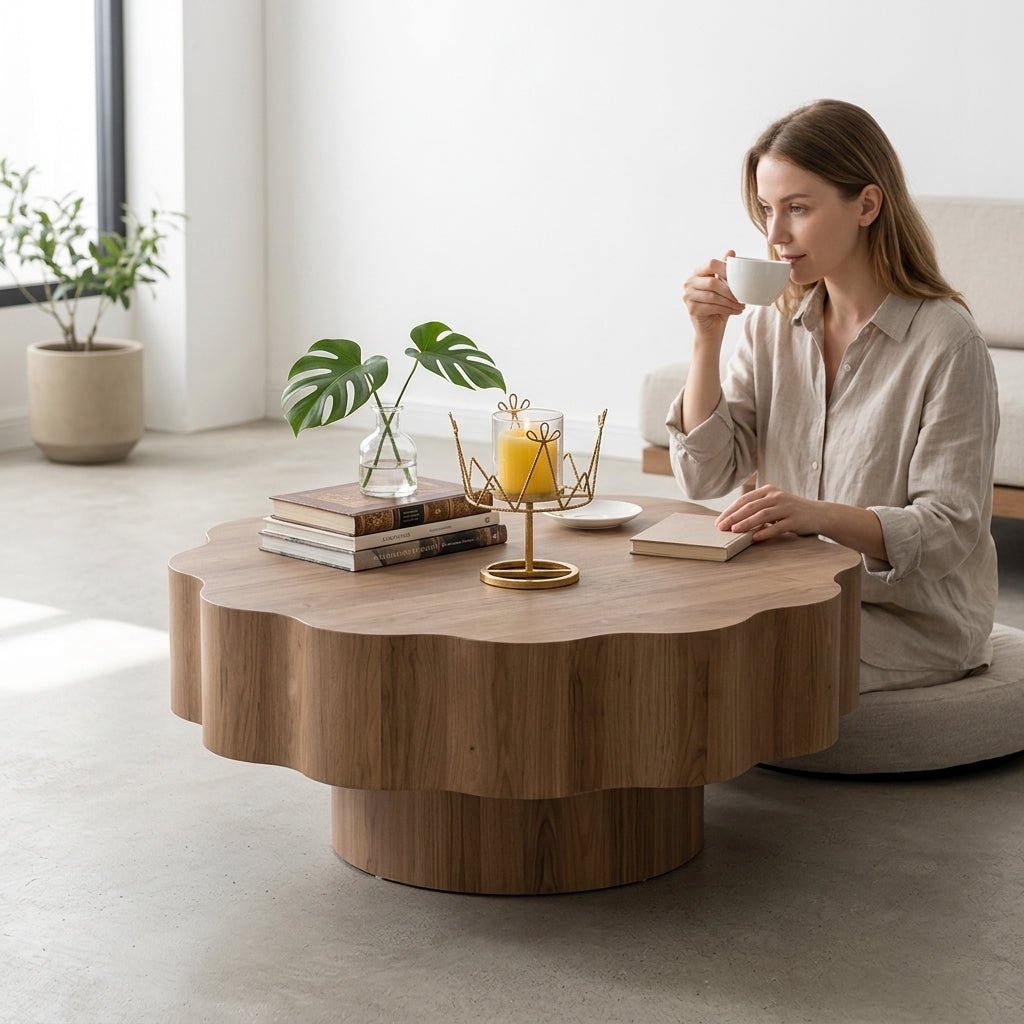 Organic modern scalloped round wood coffee table with a pedestal base, centered in a contemporary chic living room with neutral decor.