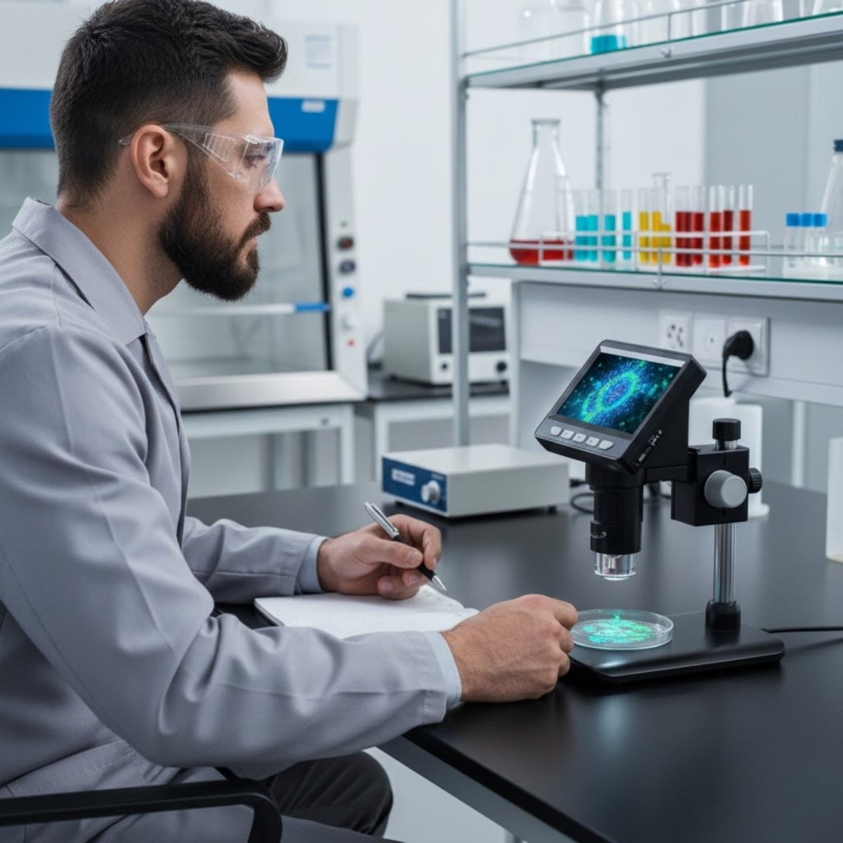 An adult scientist or hobbyist using the Kouvr digital microscope in a professional laboratory, taking notes on findings from a petri dish.