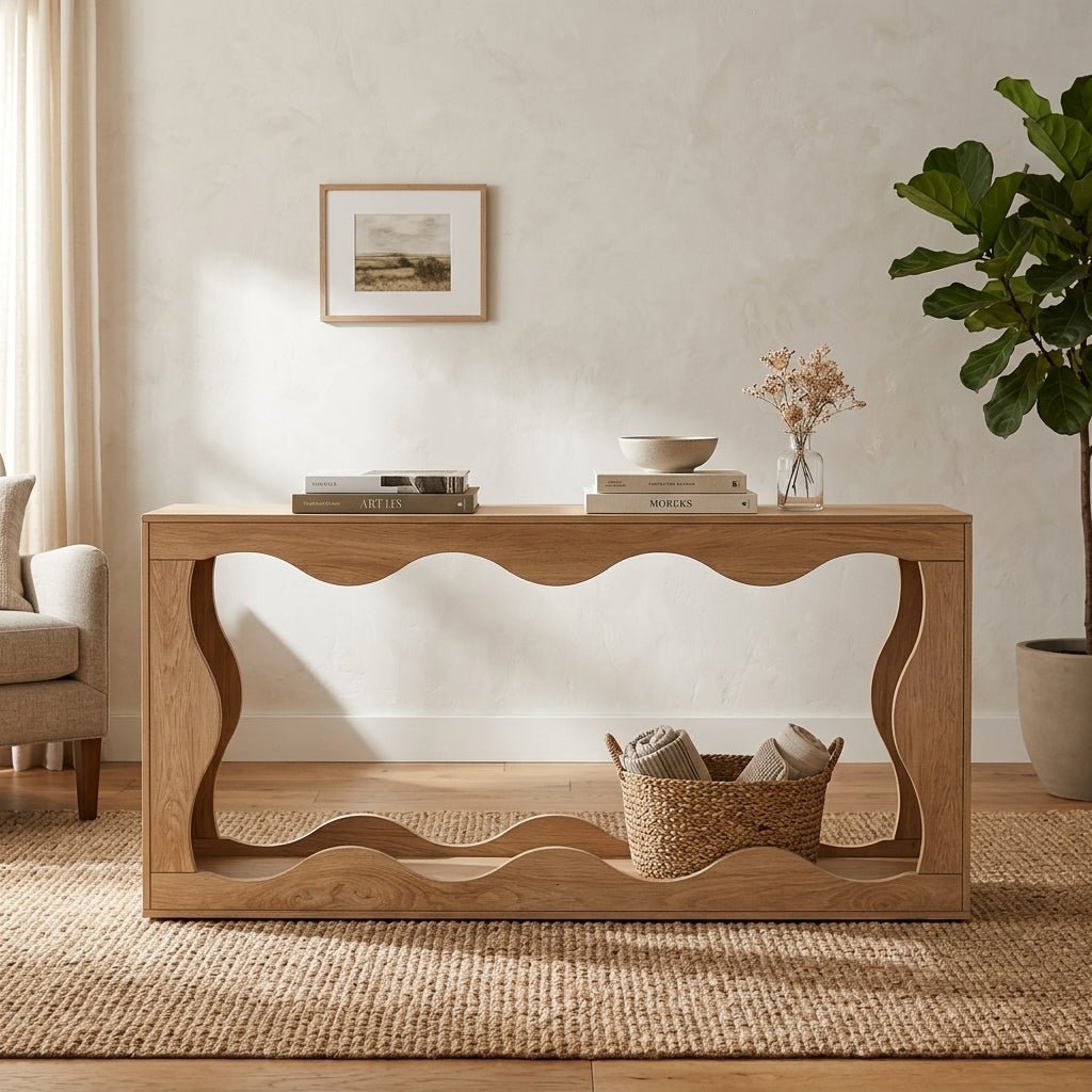 Front straight-on view of a modern light natural oak console table with an organic wavy cut-out frame, styled elegantly with neutral ceramics and a woven basket on a textured rug.
onment scene
