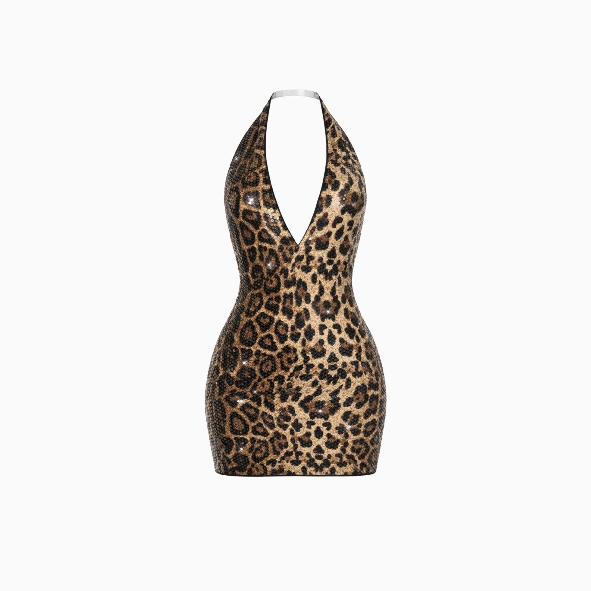 Front flat lay studio view of Kouvr plunging neckline sequin leopard mini dress