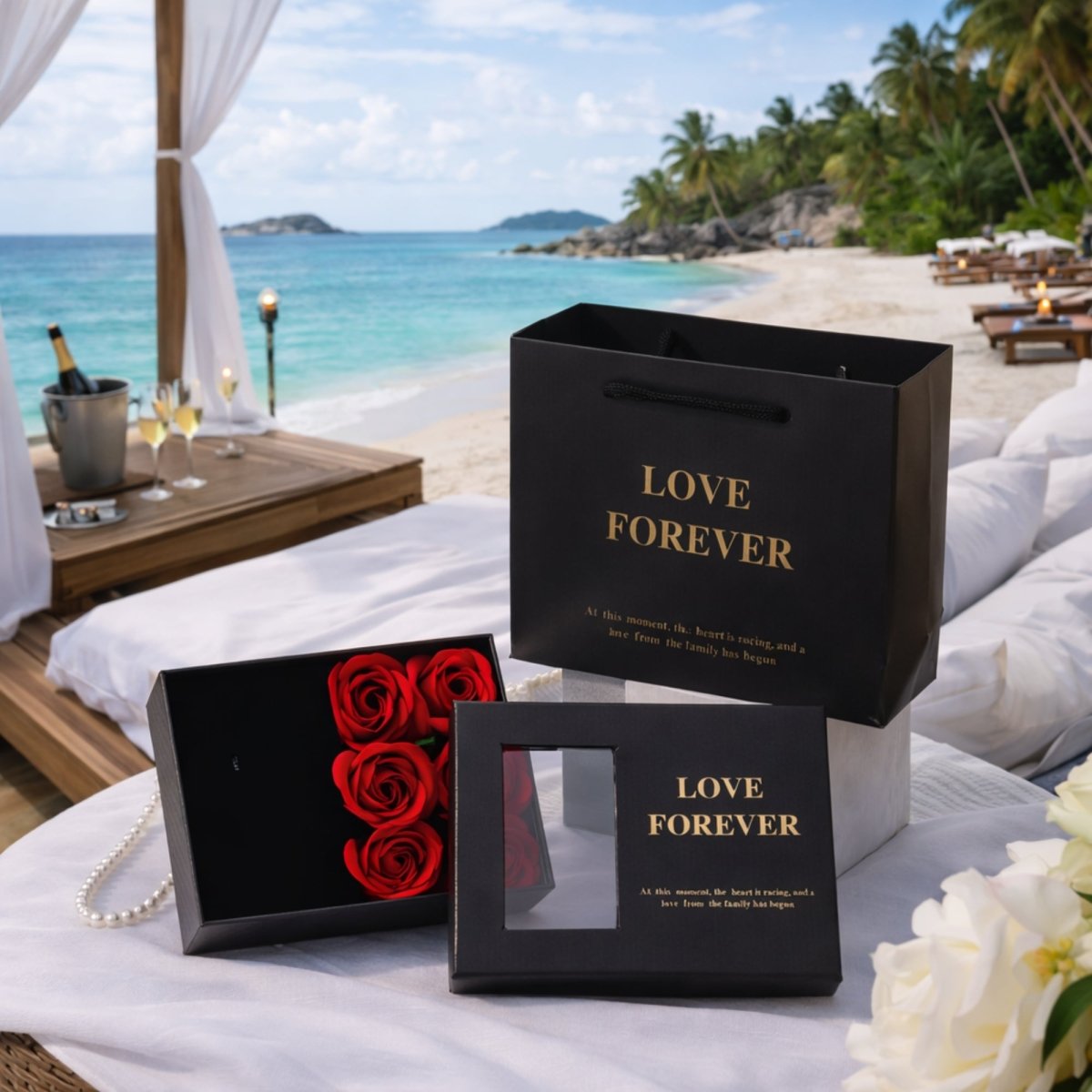 A sophisticated black and red gift set on a beach table with ocean and palm tree views, including a black 'Love Forever' paper bag, an open box with five red preserved roses, a gold necklace with a sunflower pendant, a pearl bracelet, and white lilies.