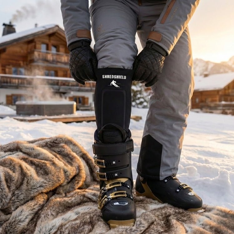 Front view of the black ShredShield ski shin guard featuring a prominent impact-absorbing gel pad and white logo, against a plain white background.