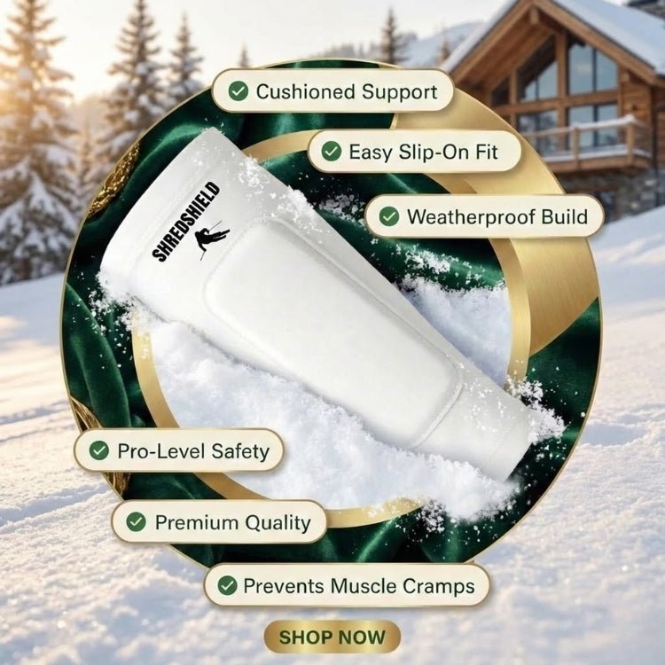 Front view of the white ShredShield ski shin guard with a matching white gel protective pad and black logo, against a plain white background. All the benefits and features of the shred shield