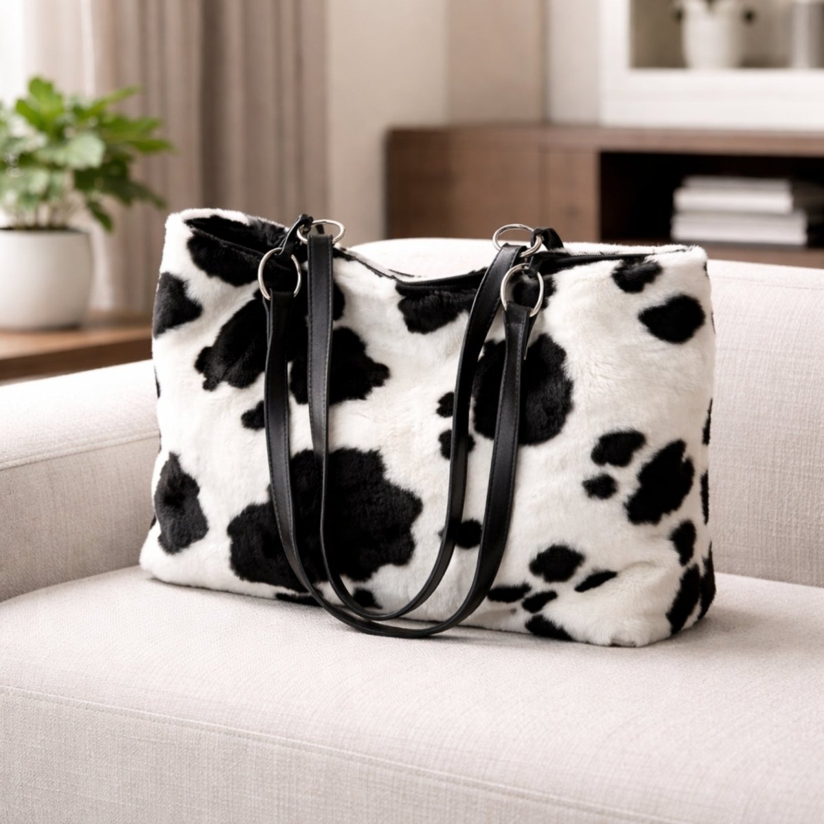 Side profile of the Kouvr Soroya faux fur shoulder bag on a light-colored armchair, showing the depth and texture of the black and white cow print.