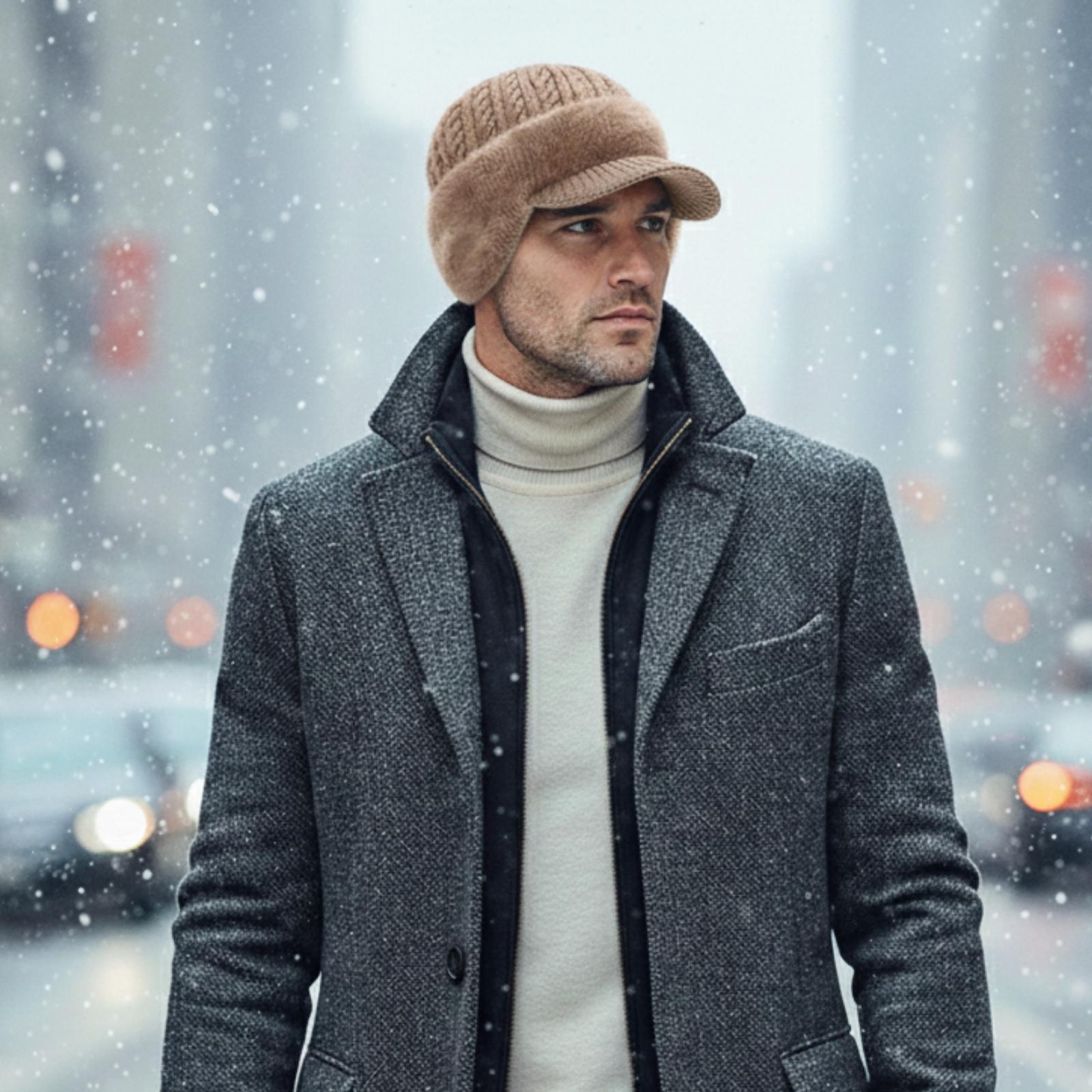 Side profile of a man in a snowy city wearing the Kouvr Aspen cable knit hat, showing the faux fur ear flap detail.