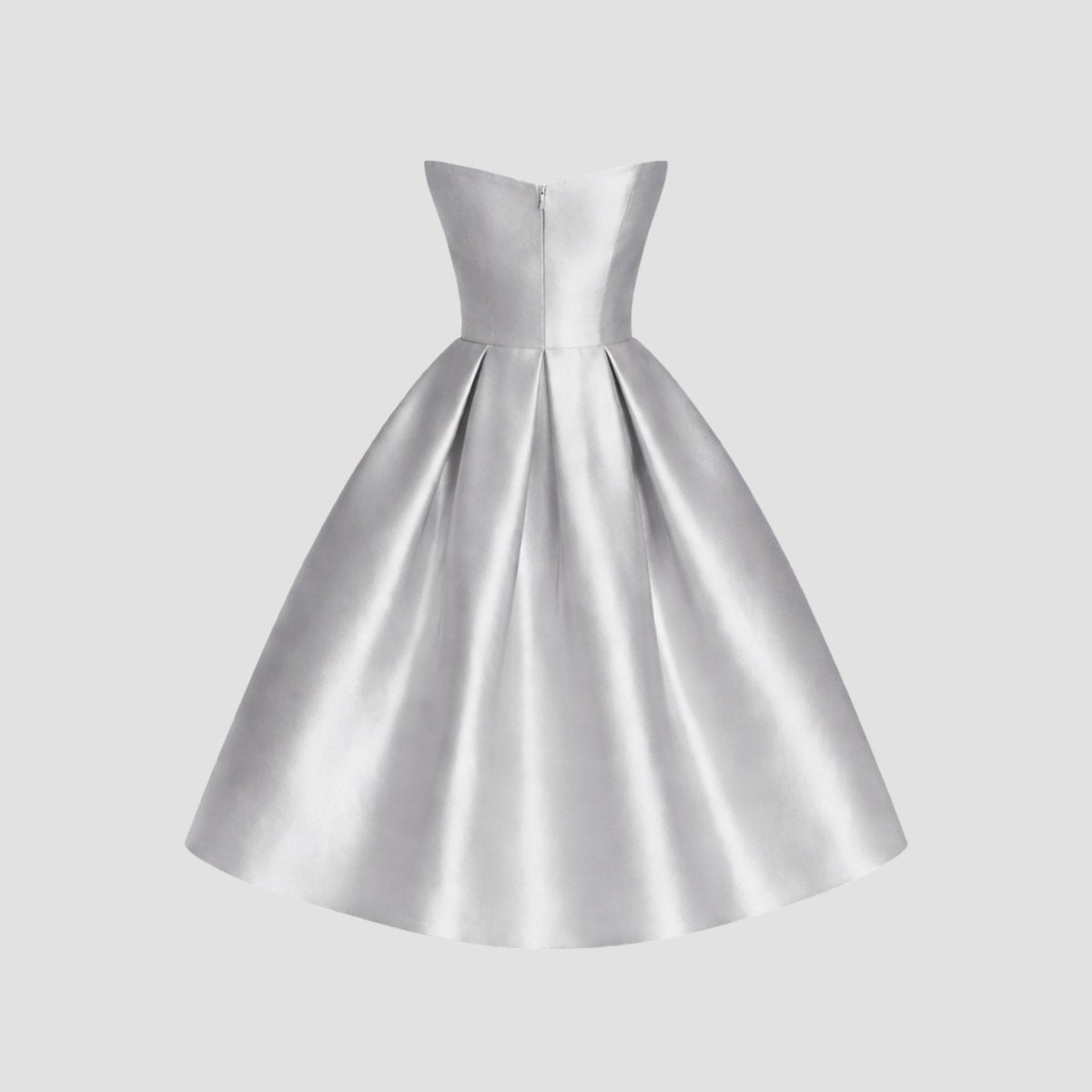 Studio ghost mannequin back view of a silver A-line cocktail dress showing bodice seaming and back zipper closure.