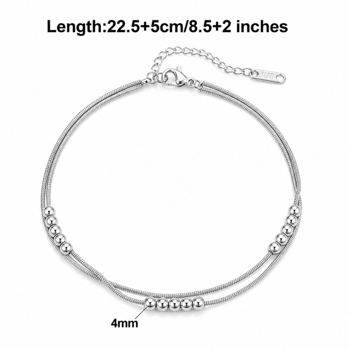 S925 silver double layered anklet size guide showing 8.5 inch plus 2 inch extension length and 4mm bead size.