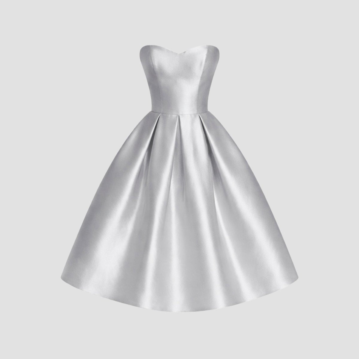 Studio ghost mannequin front view of a structured silver sweetheart neck pleated midi dress.