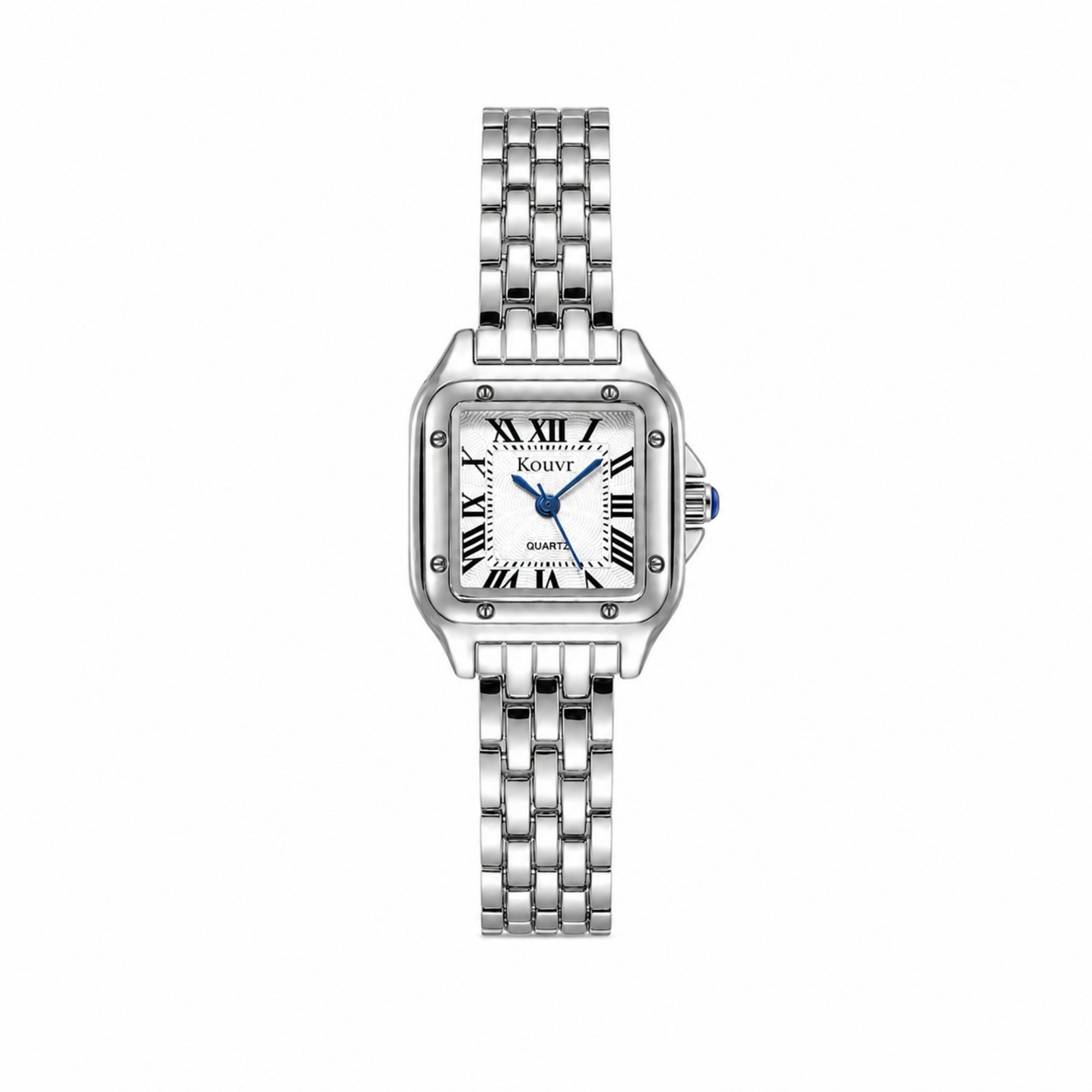 Clean front view of the minimalist Kouvr silver stainless steel women's watch with Roman numerals on a white background.