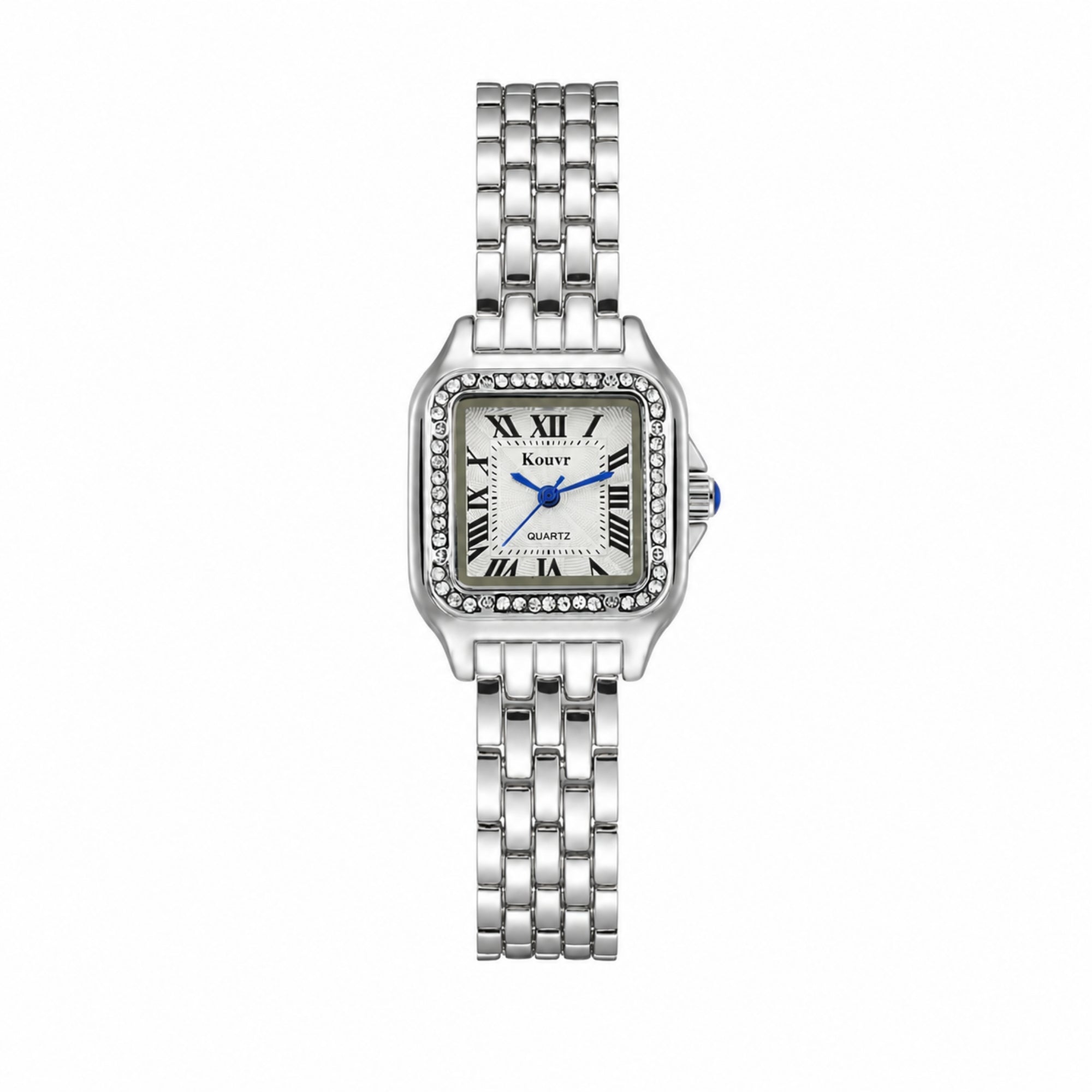 Direct front-facing view of the Kouvr silver women's watch with crystal-encrusted bezel, showing the detailed guilloché dial and blue hands.
