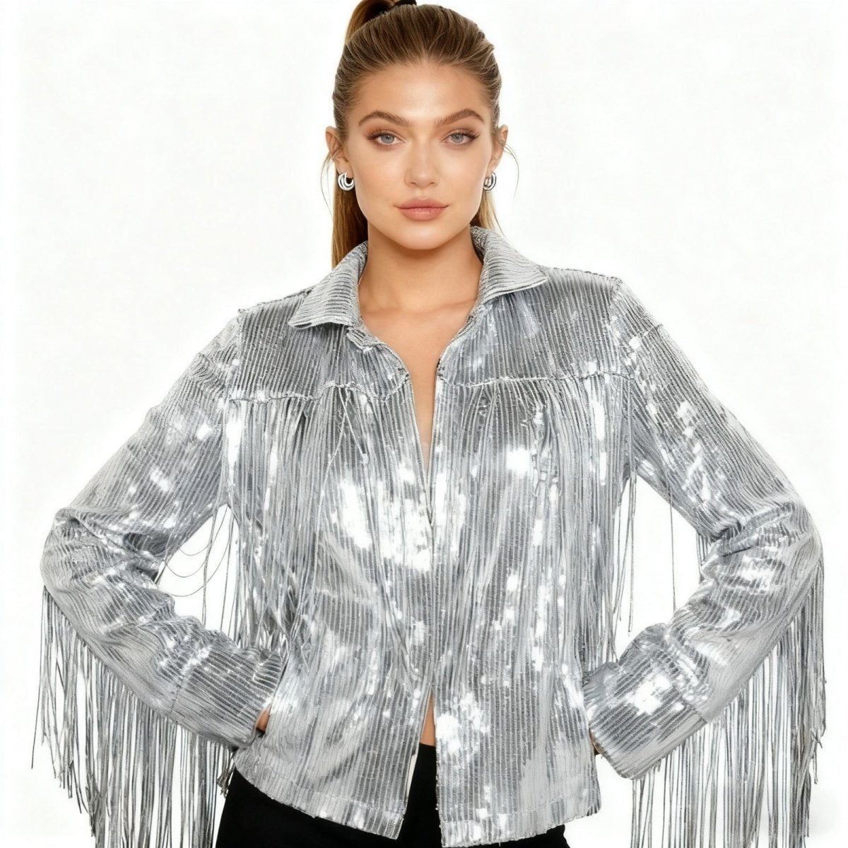 Silver Sequin Fringe Jacket Womens | Lumiere | Luxury Festival Outfit |  Western Tinsel Concert &amp; Bachelorette Party Jacket | Kouvr Fashion