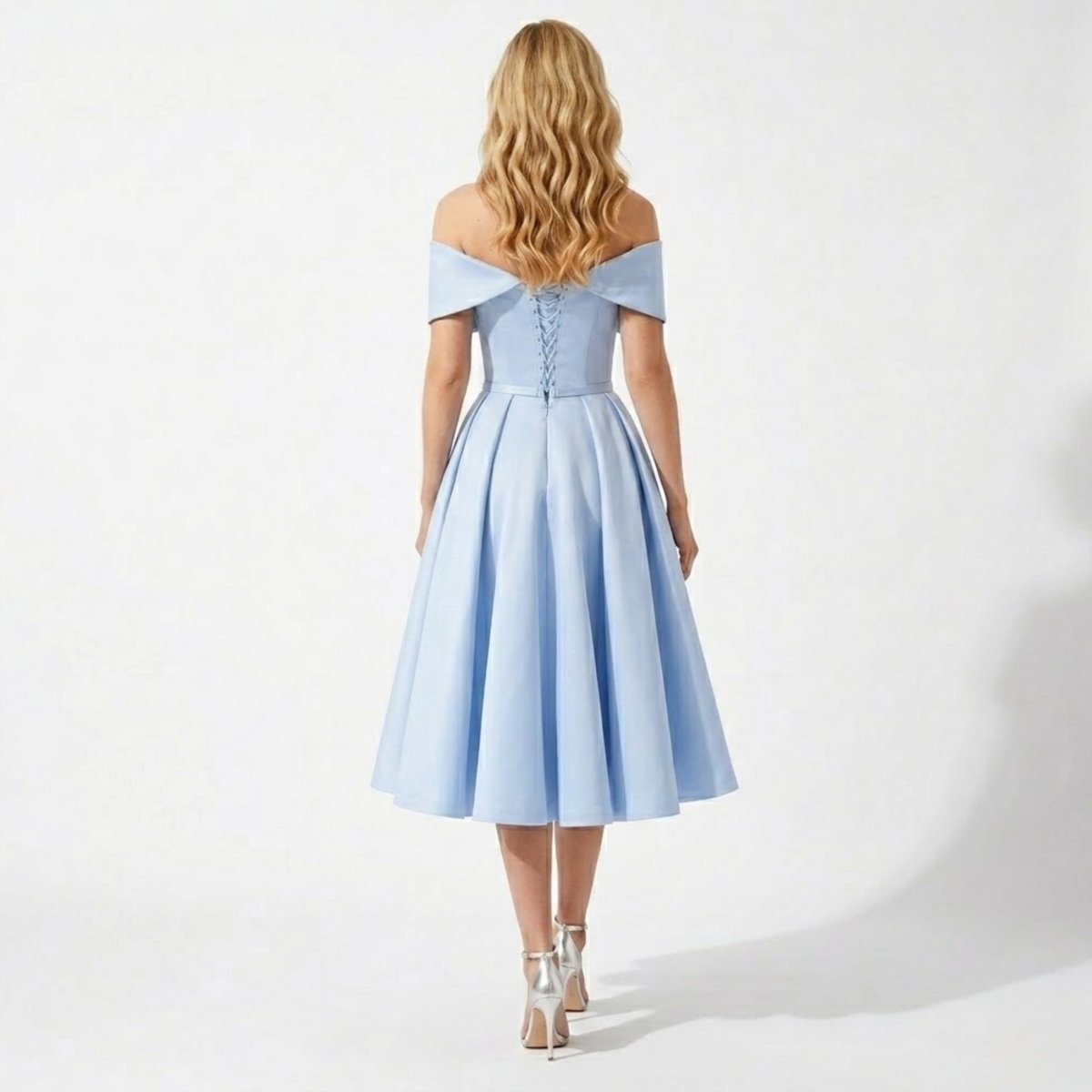 Back view highlighting the adjustable lace-up corset detail on the sky blue formal midi dress