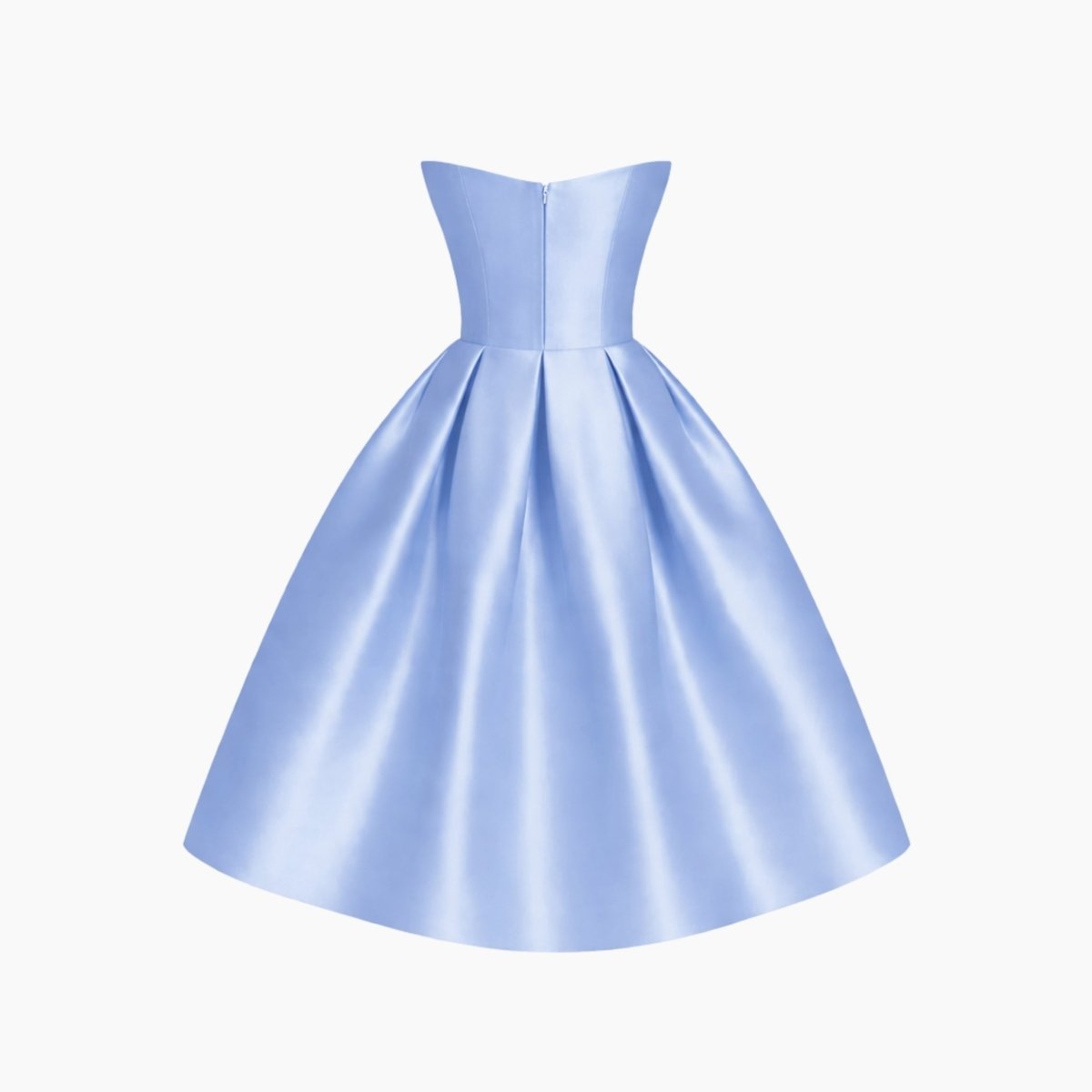 Back detail of the sky blue satin midi dress product shot showing zip closure and symmetrical pleating without model