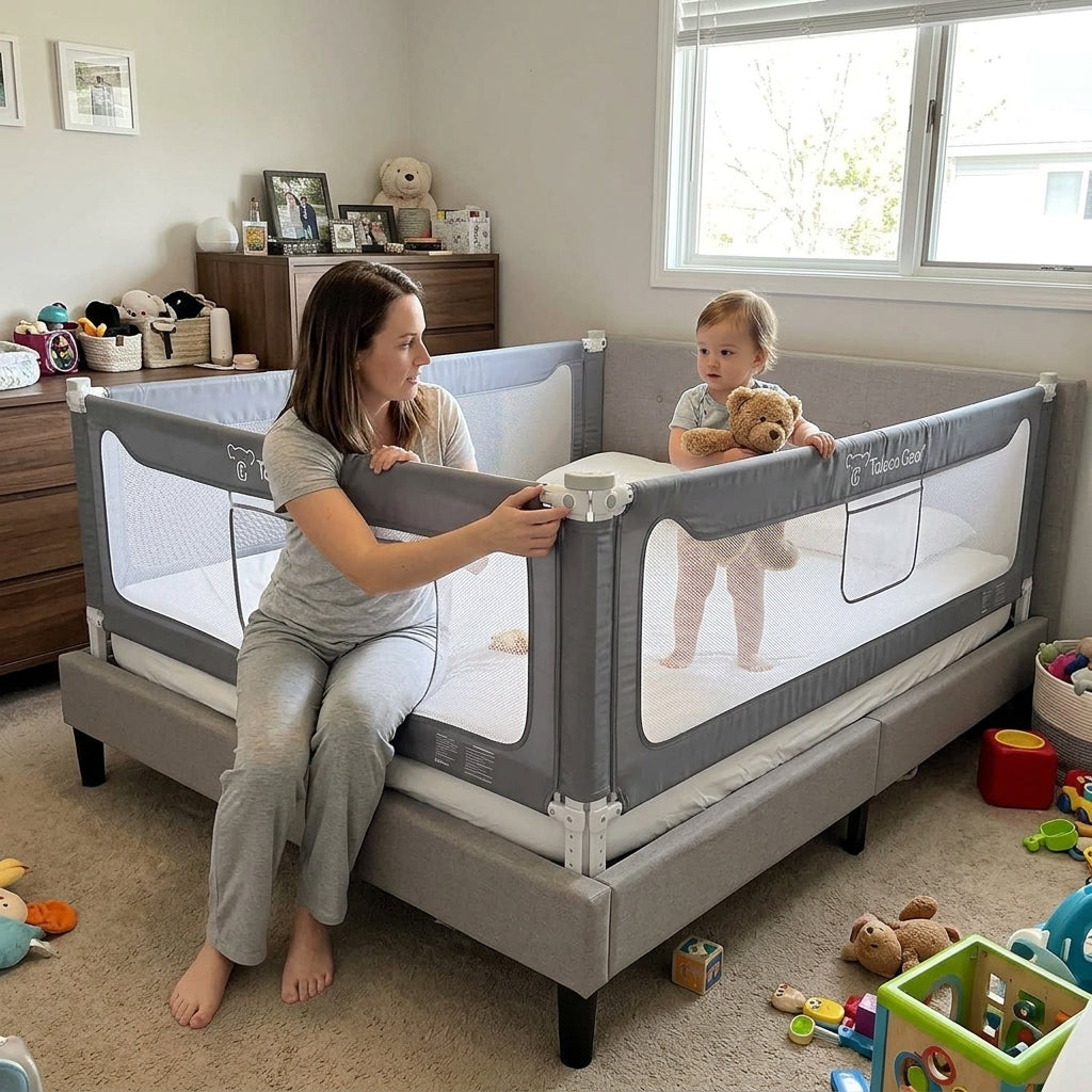 Toddler Bed Rail Guard for Twin Full Queen King Size Beds, Stable Protective Safety Side Rails with Child Lock - real person using home