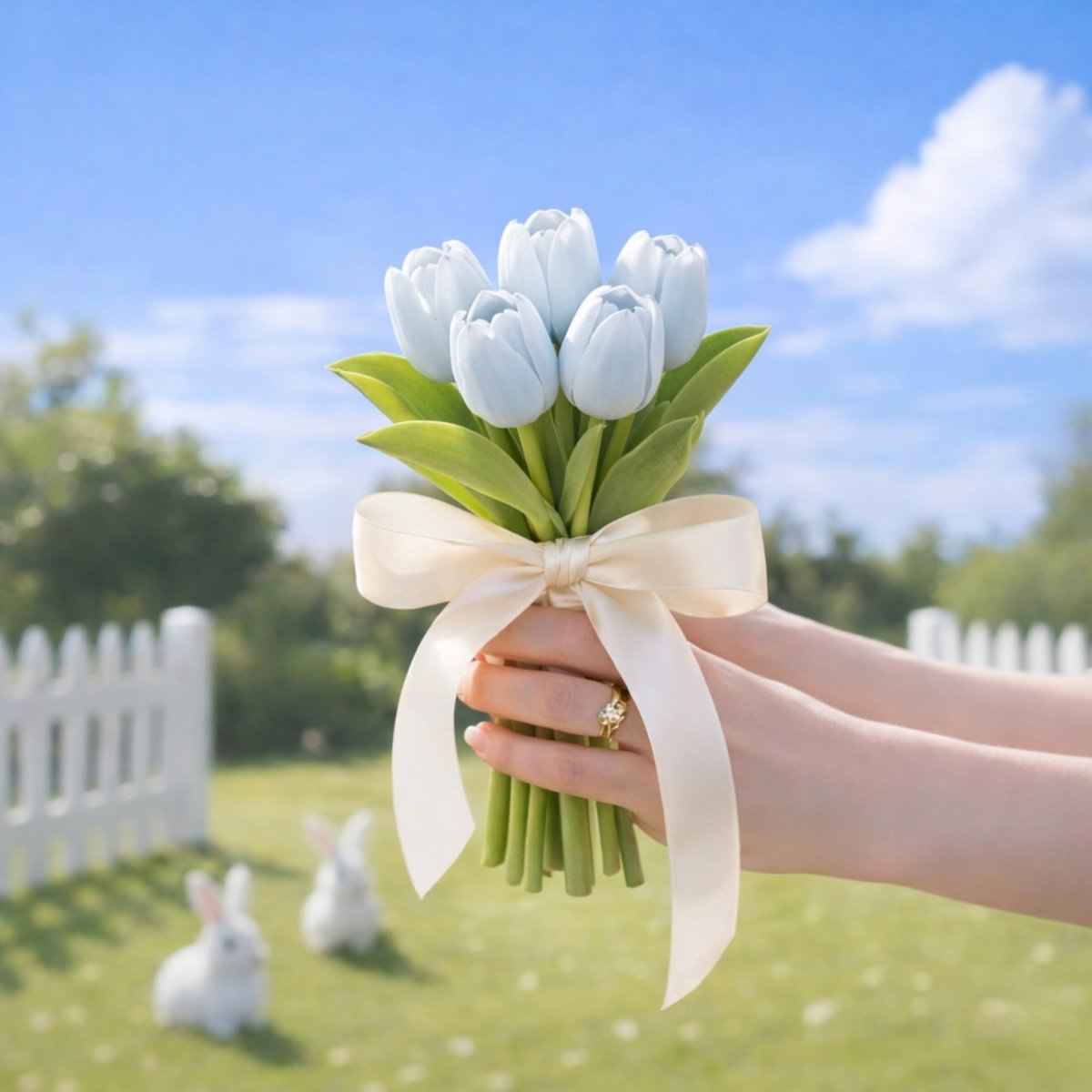 Small charming hand-held bouquet of realistic artificial light blue tulips with realistic green stems. Outdoor background has white fence.