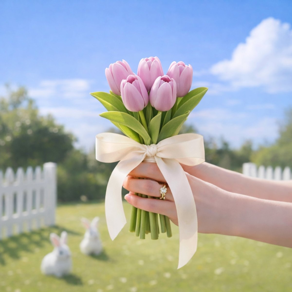 Charms small hand-held bouquet of elegant artificial light lilac tulips with detailed blooms.
