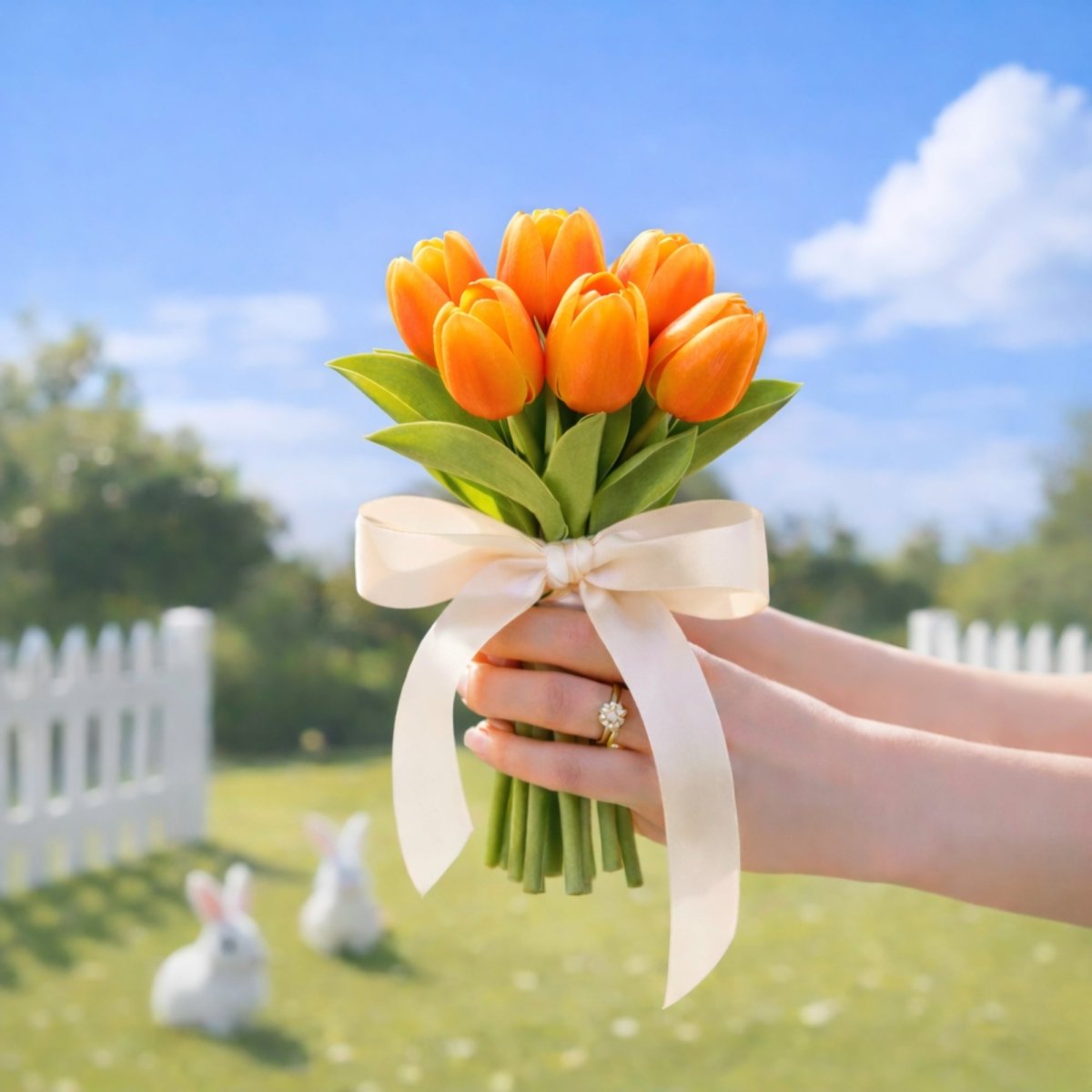 Charming small hand-held bouquet of detailed realistic vibrant orange artificial tulips. Outdoor background with a fence.
