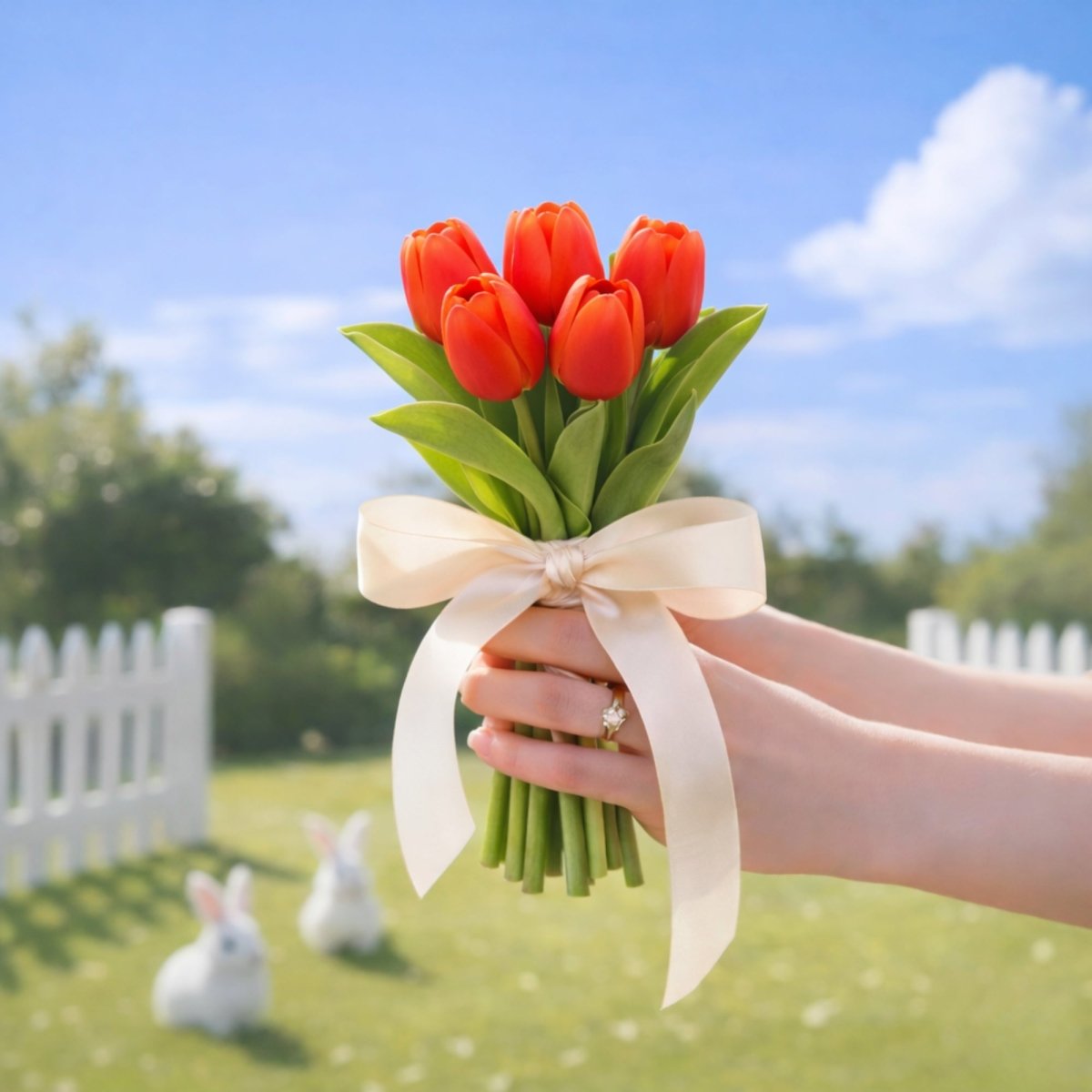 Charming small hand-held bouquet of realistic deep red artificial tulips with detailed blooms. The grassy lawn background shows a white fence.