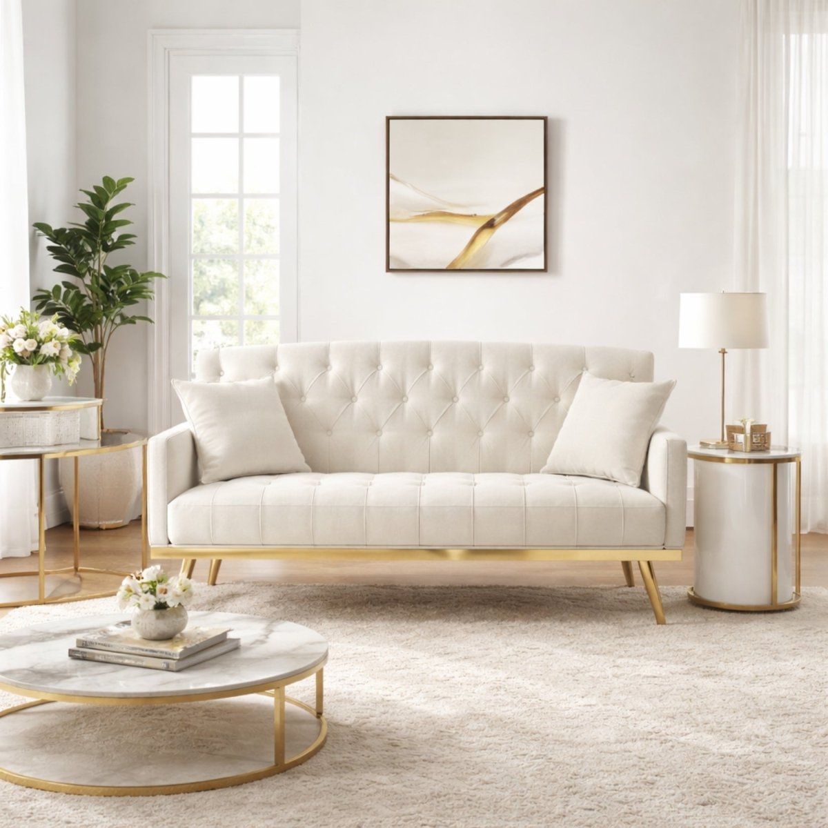 Lifestyle shot highlighting the compact 55-inch upholstered loveseat, perfect for creating cozy luxury reading nooks and stylish small spaces.