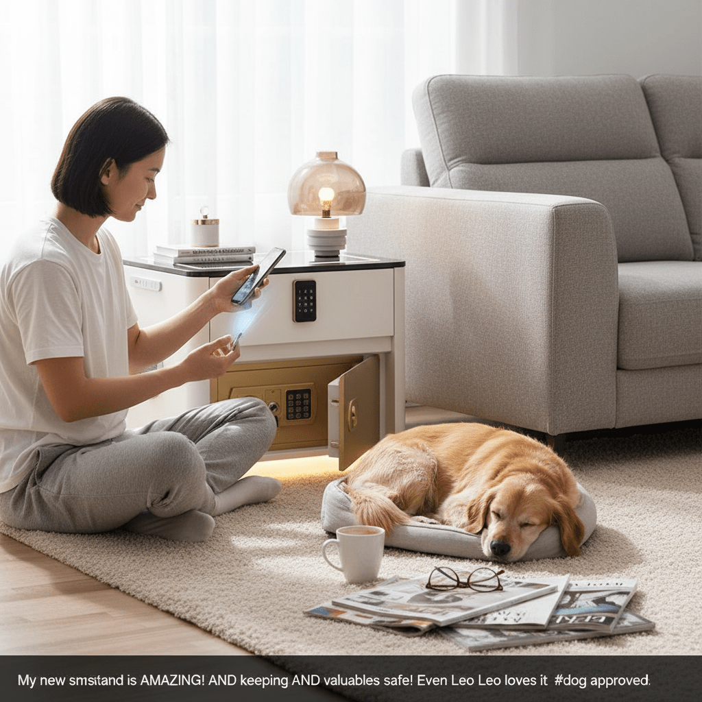 A woman sits on a living room rug next to a white smart end table and her sleeping golden retriever. The table features an open gold-tone security safe, wireless phone charging, and a modern glass table lamp.