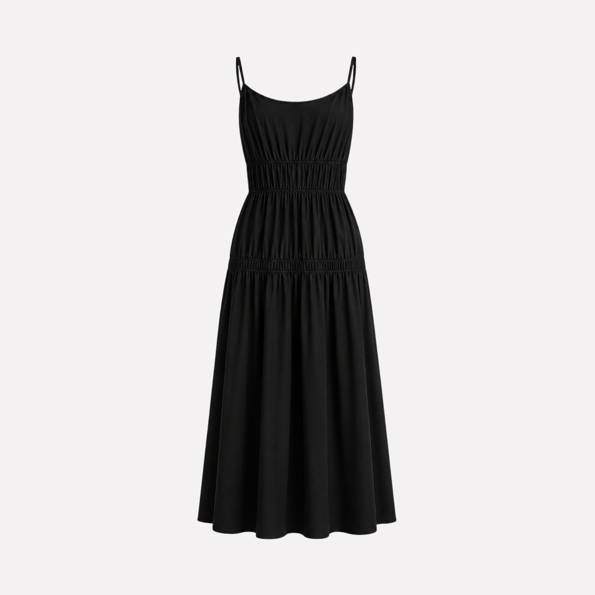 Ghost mannequin front view of black smocked bodice sleeveless summer dress