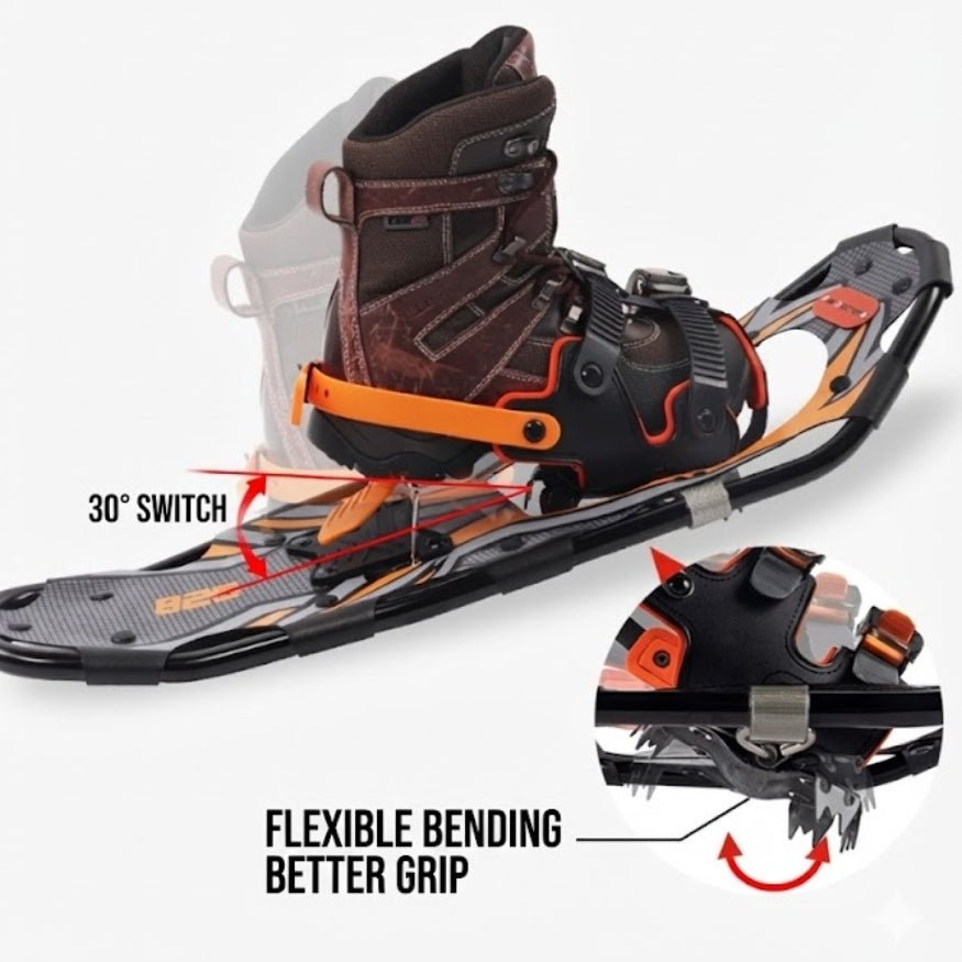 Close-up of snowshoe features showing the 30-degree heel lift switch and flexible bending for better grip.