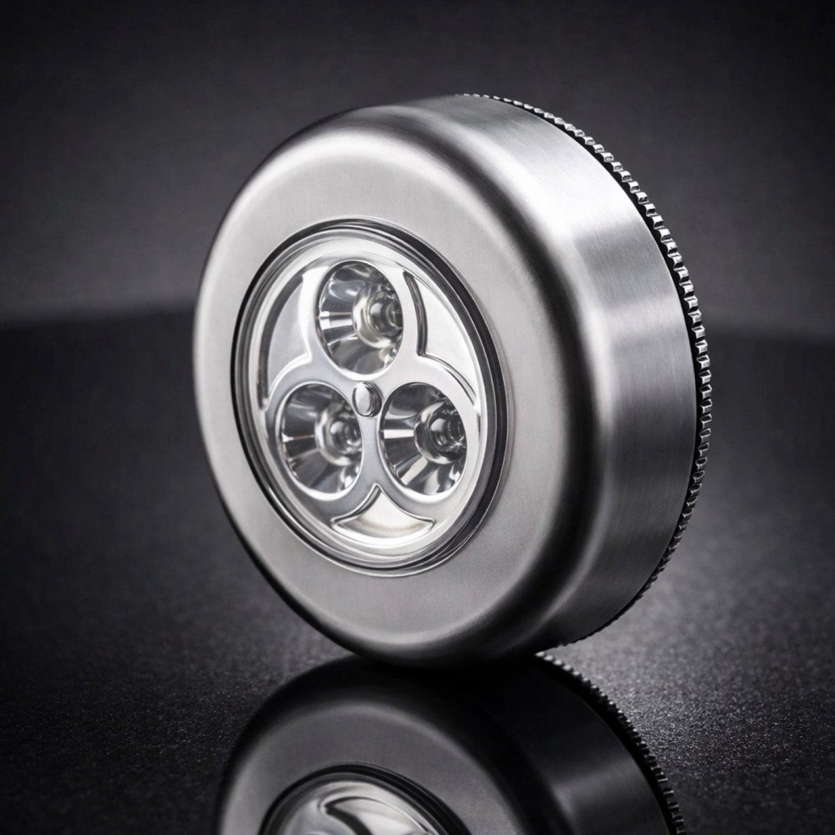 Close up detail of brushed stainless steel battery operated light showing three LED diodes and clear lens construction.