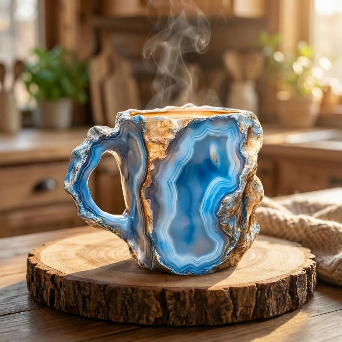 The Kouvr blue agate geode mug steaming with a hot beverage, placed on a wooden board in a warm, sunny kitchen setting.