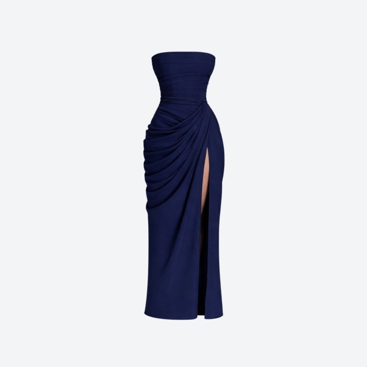 Front view of an unmodeled navy blue strapless maxi dress showing the structured neckline, bodice ruching, and high side slit.