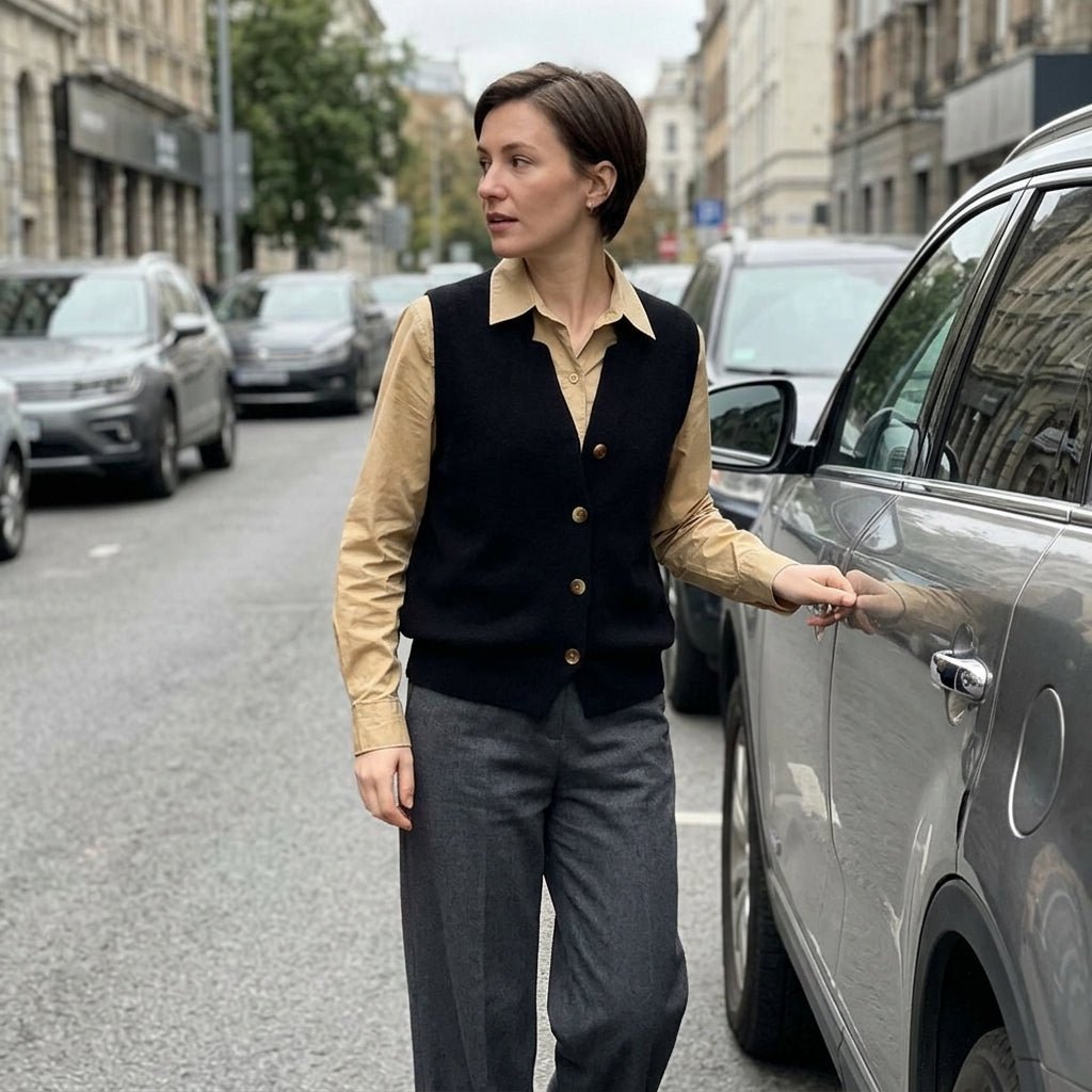 Woman walking on street styling a black knit button-down waistcoat over a khaki shirt and grey trousers opening a car door
