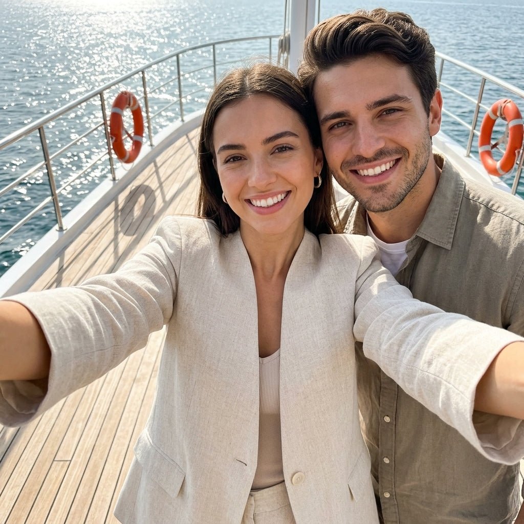 Close up selfie of a couple on a boat showing a smiling woman wearing a lightweight textured beige linen blazer as resort wear.