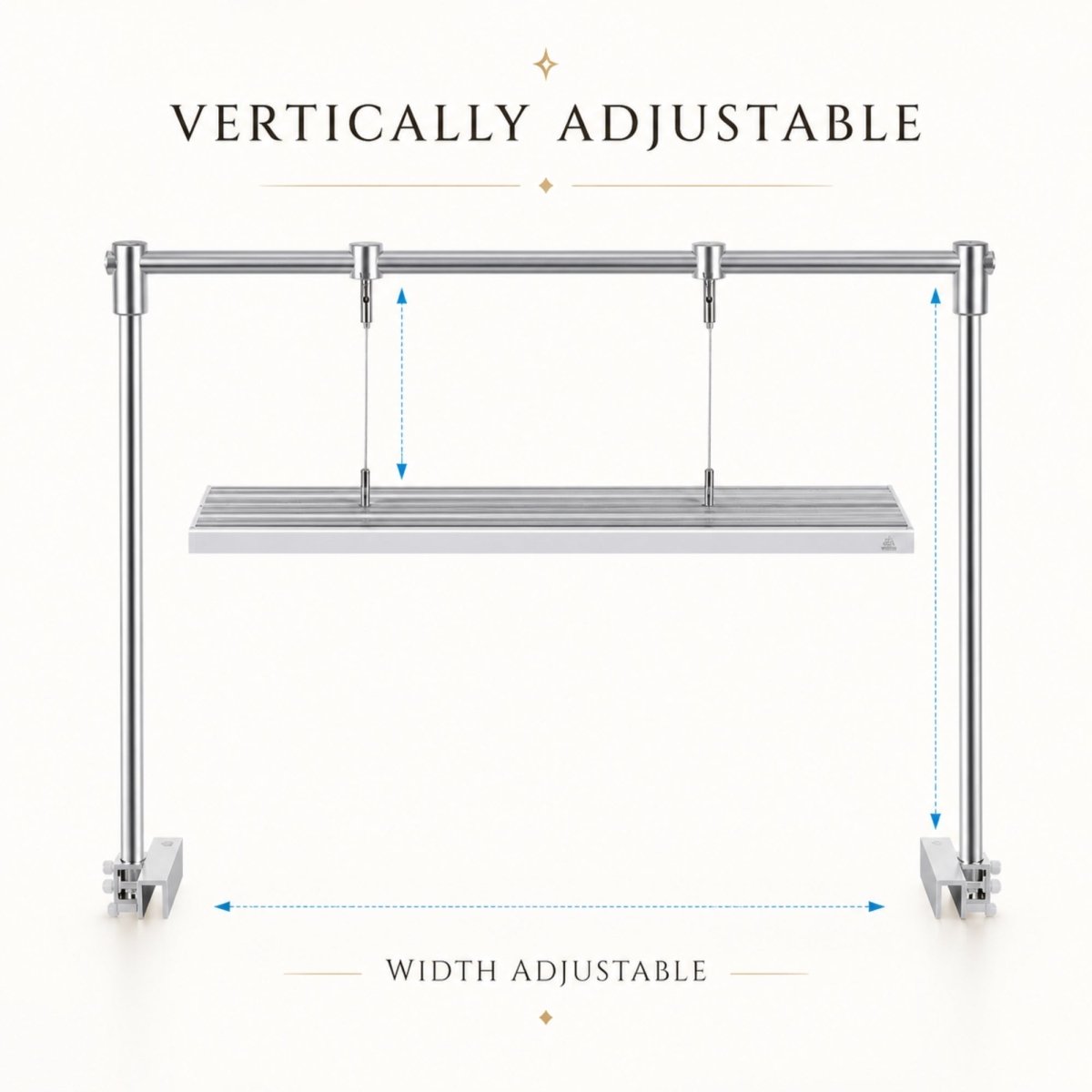 Modern aquascaping LED lighting fixture securely suspended from the vertically and horizontally adjustable Kouvr architectural metal arch mount.