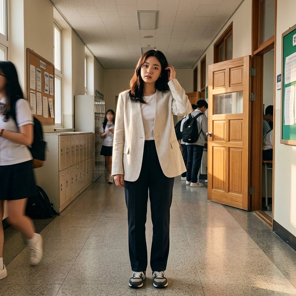 Woman standing in a school hallway wearing a beige tailored collarless jacket over dark trousers for an elevated smart casual look.