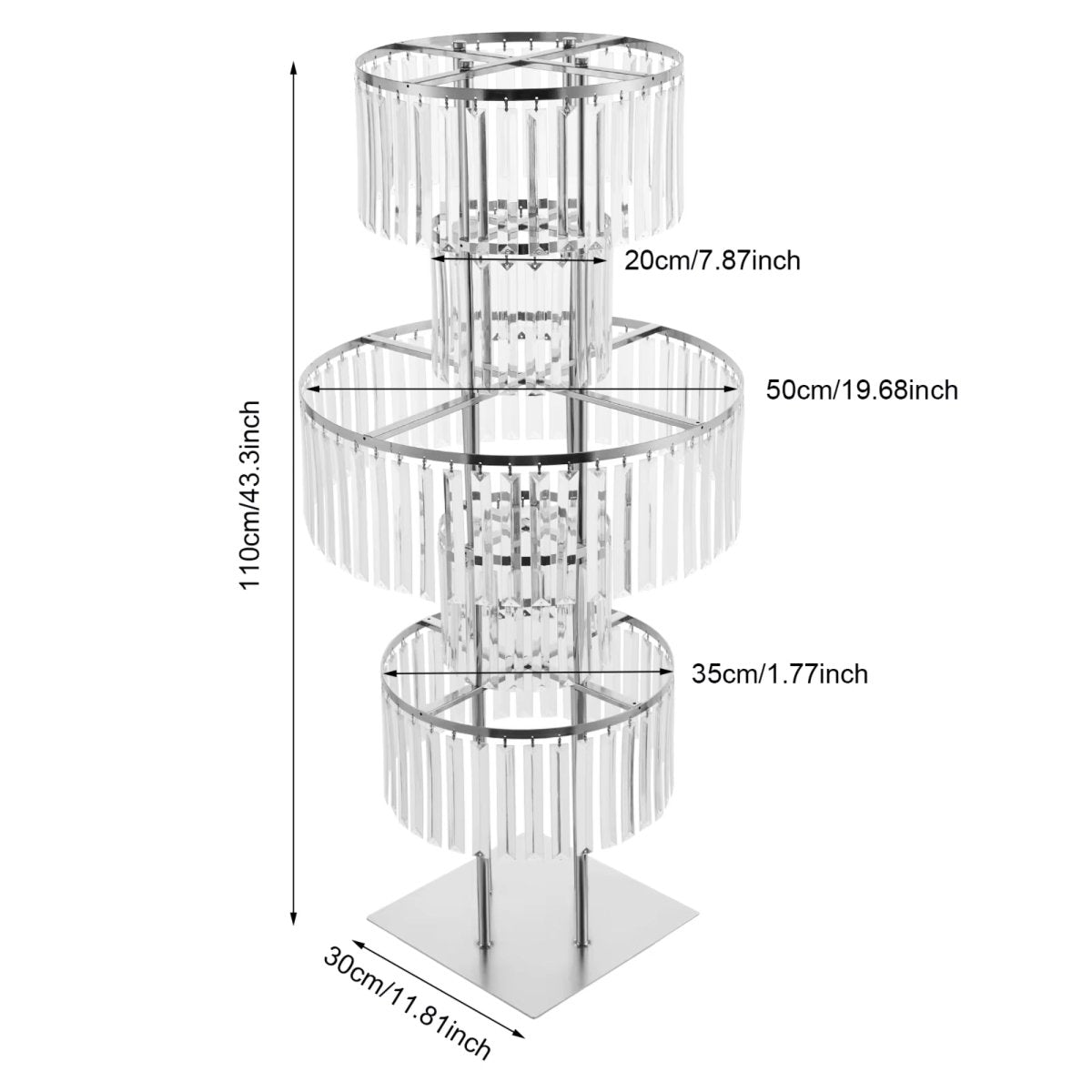 Diagram showing dimensions of the tall crystal floral stand measuring 43.3 inches tall with an 11.81 inch base and tiered widths.