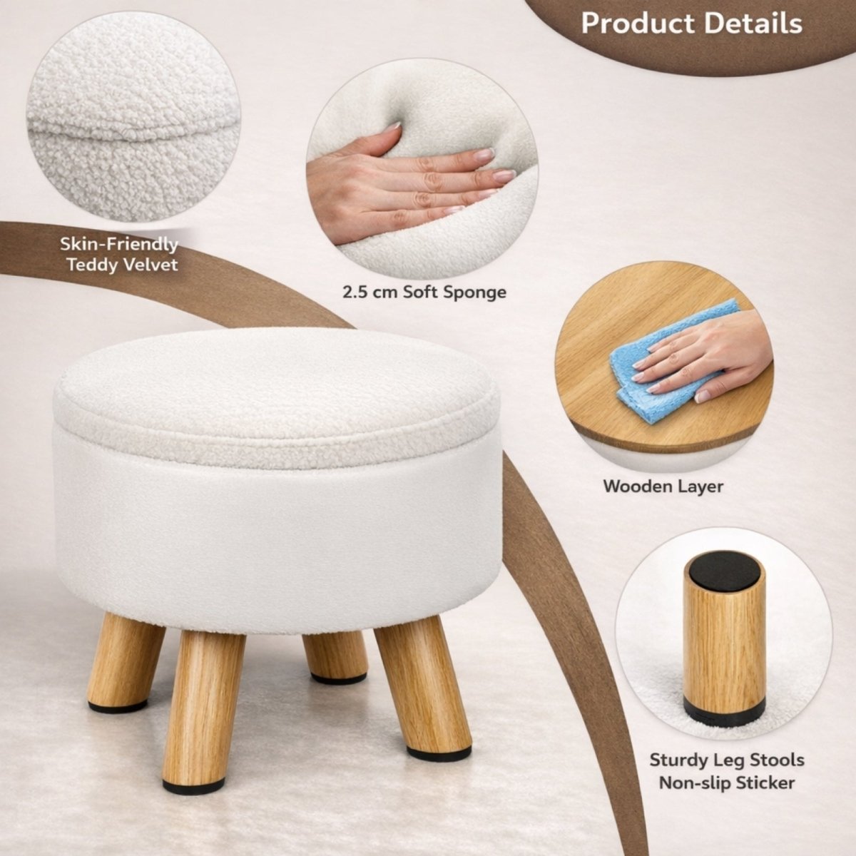 Product detail collage of a teddy velvet storage ottoman showing the soft fabric, sponge thickness, wooden tray lid, and non-slip wooden legs.