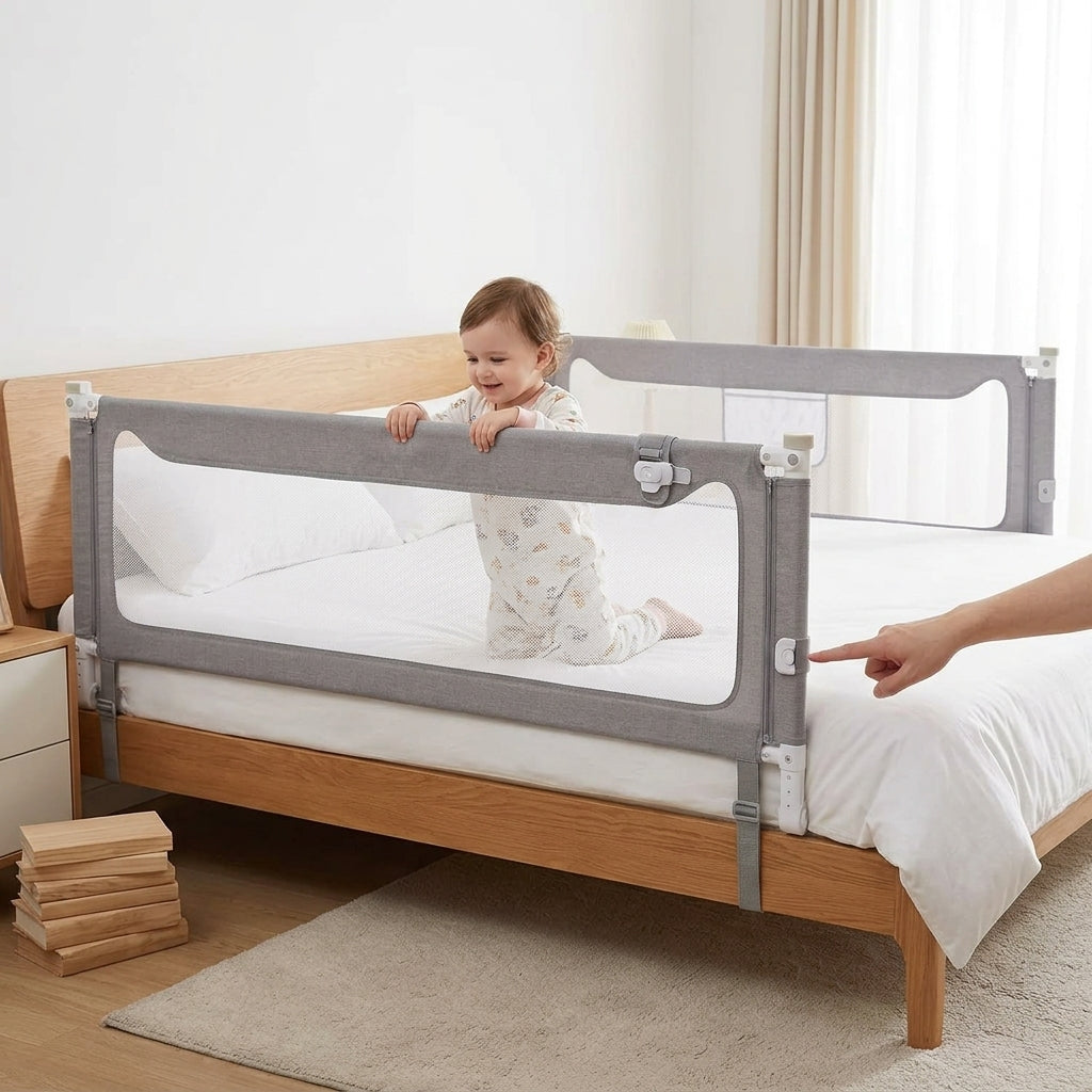 A smiling toddler stands behind the breathable grey mesh panel of a Kouvr bed rail guard while an adult points to the side-mounted vertical lift and lock button.