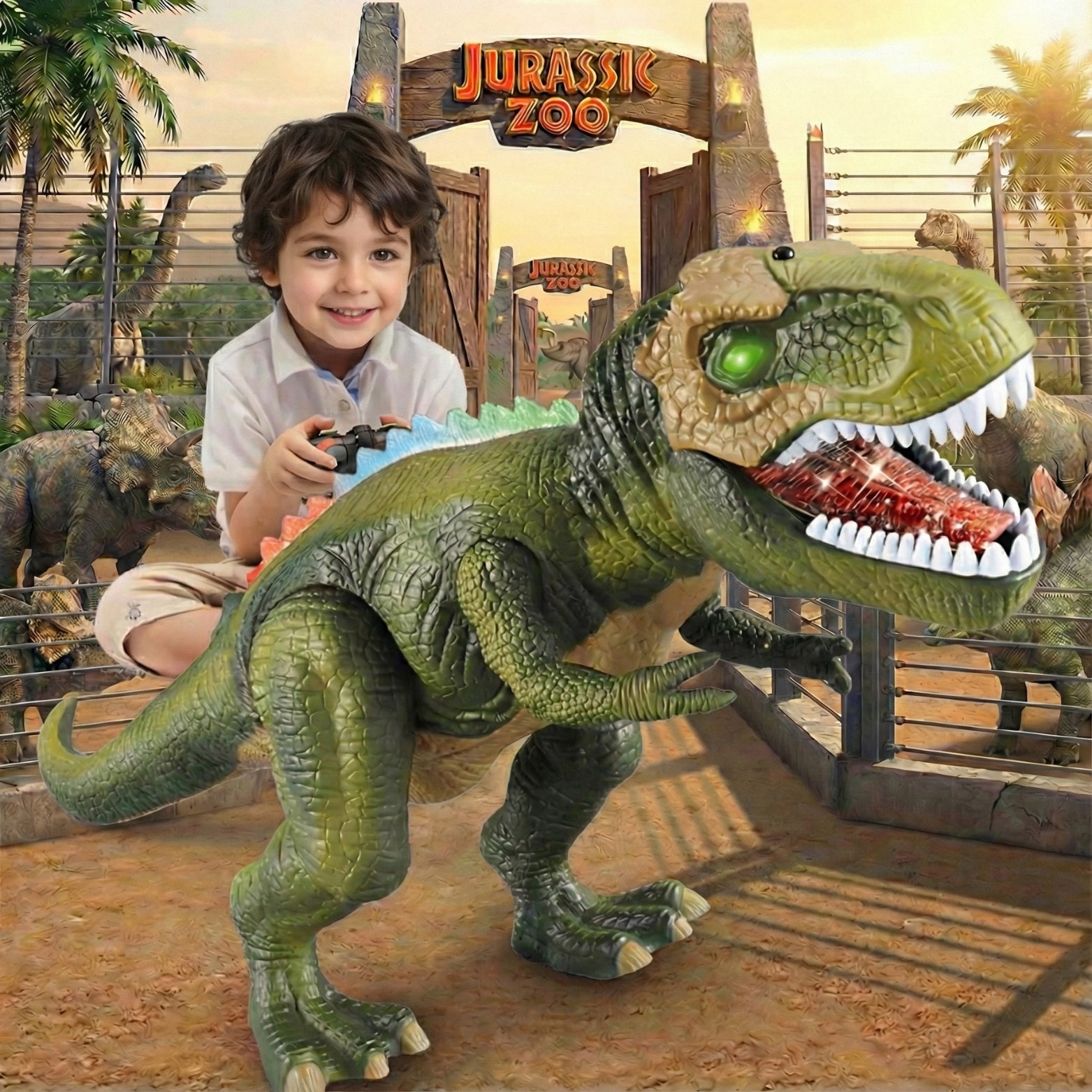 A toddler boy holds a controller next to a large brown remote control T-Rex dinosaur toy with colorful back lights, standing in front of a wooden "Jurassic Zoo" gate.