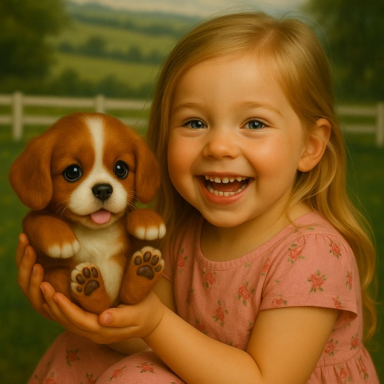A smiling toddler girl holding a soft, interactive Cavalier King Charles Spaniel robot puppy, highlighting it as a perfect gift for children.