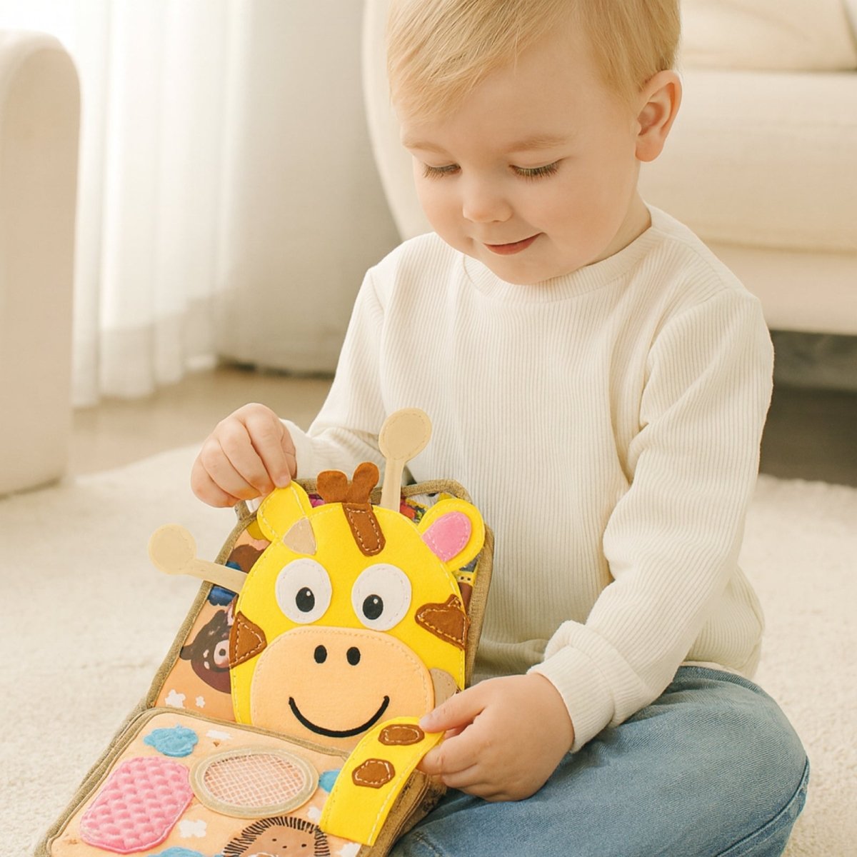 Child playing with a colorful book featuring a giraffe illustration.