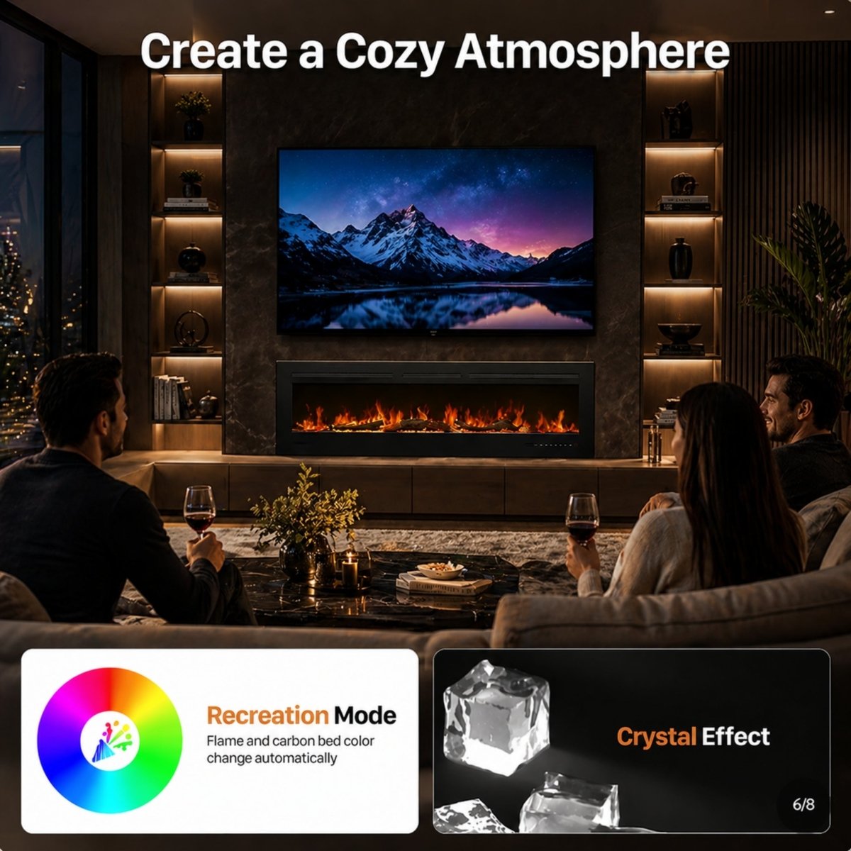 Detailed interface of the Kouvr electric fireplace touchscreen and remote control highlighting the thermostat timer and precise flame color settings